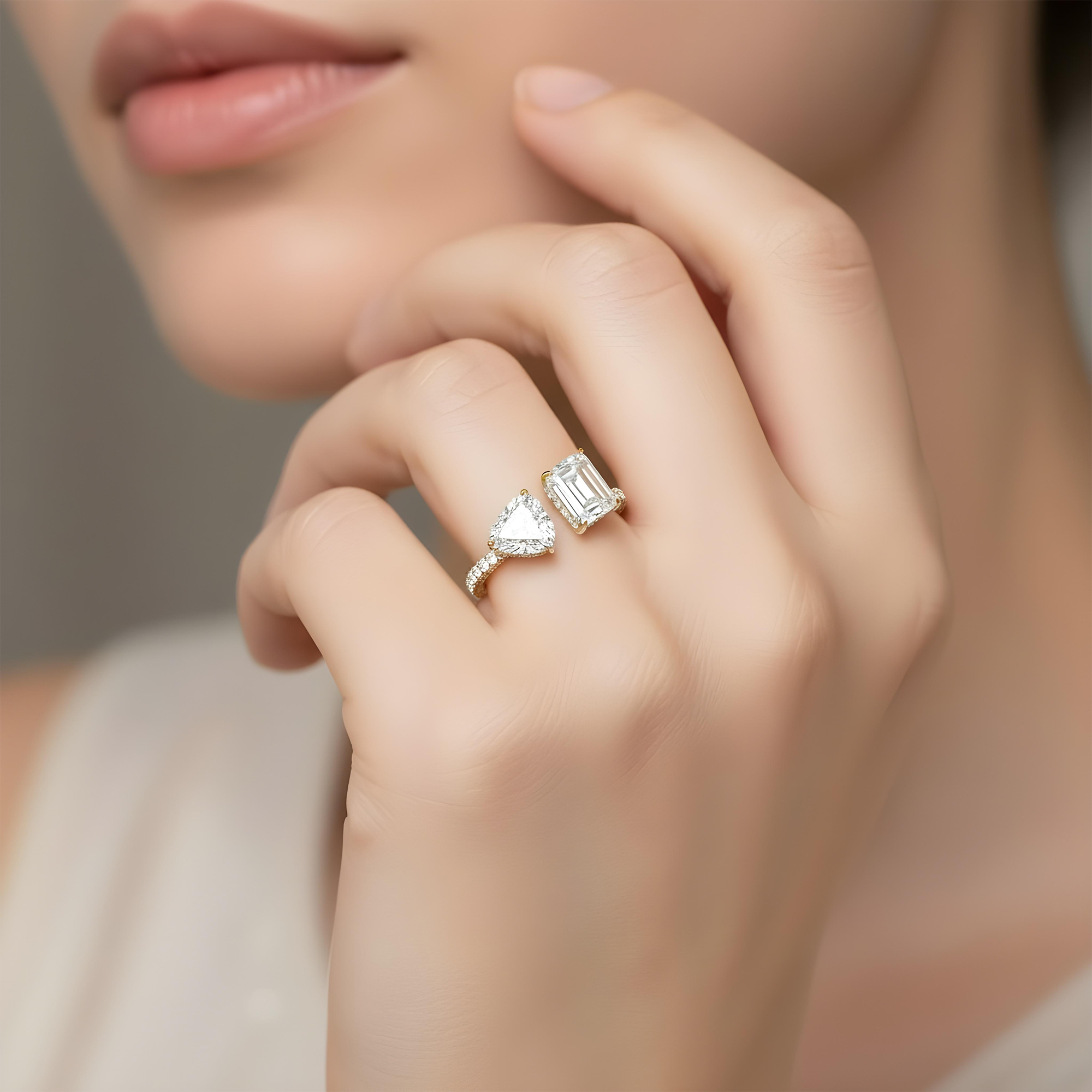 18K White Gold Emerald & Heart Cut Double Diamond Toi et Moi Ring 17.64ctw