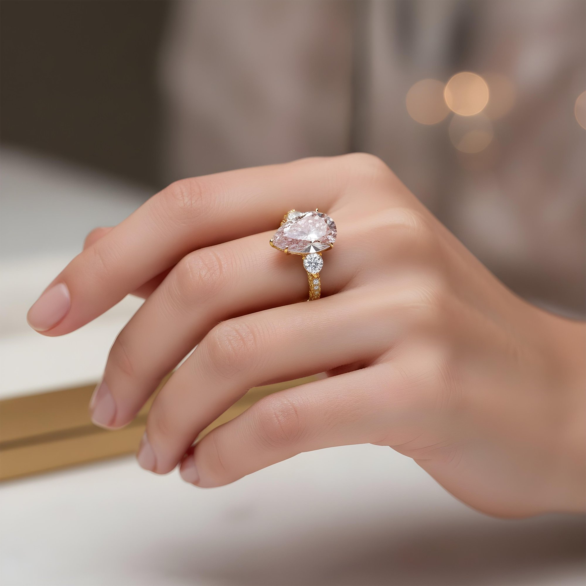 18K White Gold 11.36ct Pear Fancy Pink Diamond Ring 14.56ctw