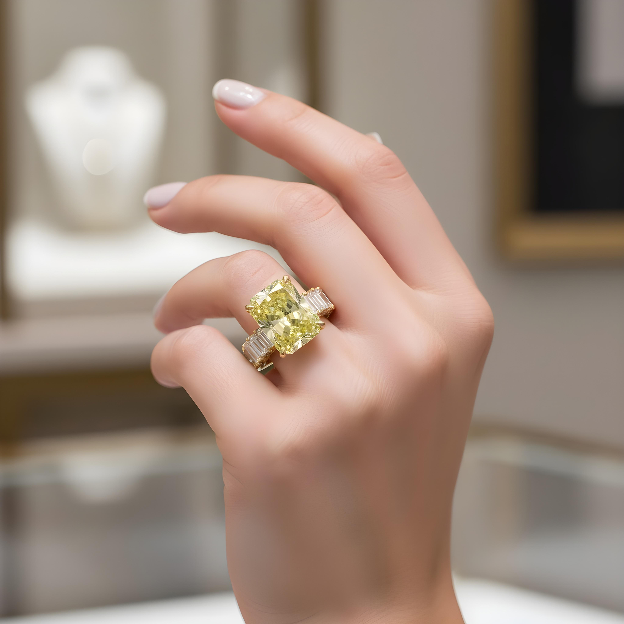 18K White Gold 14.15ct Radiant Fancy Vivid Yellow Diamond Ring 18.42ctw