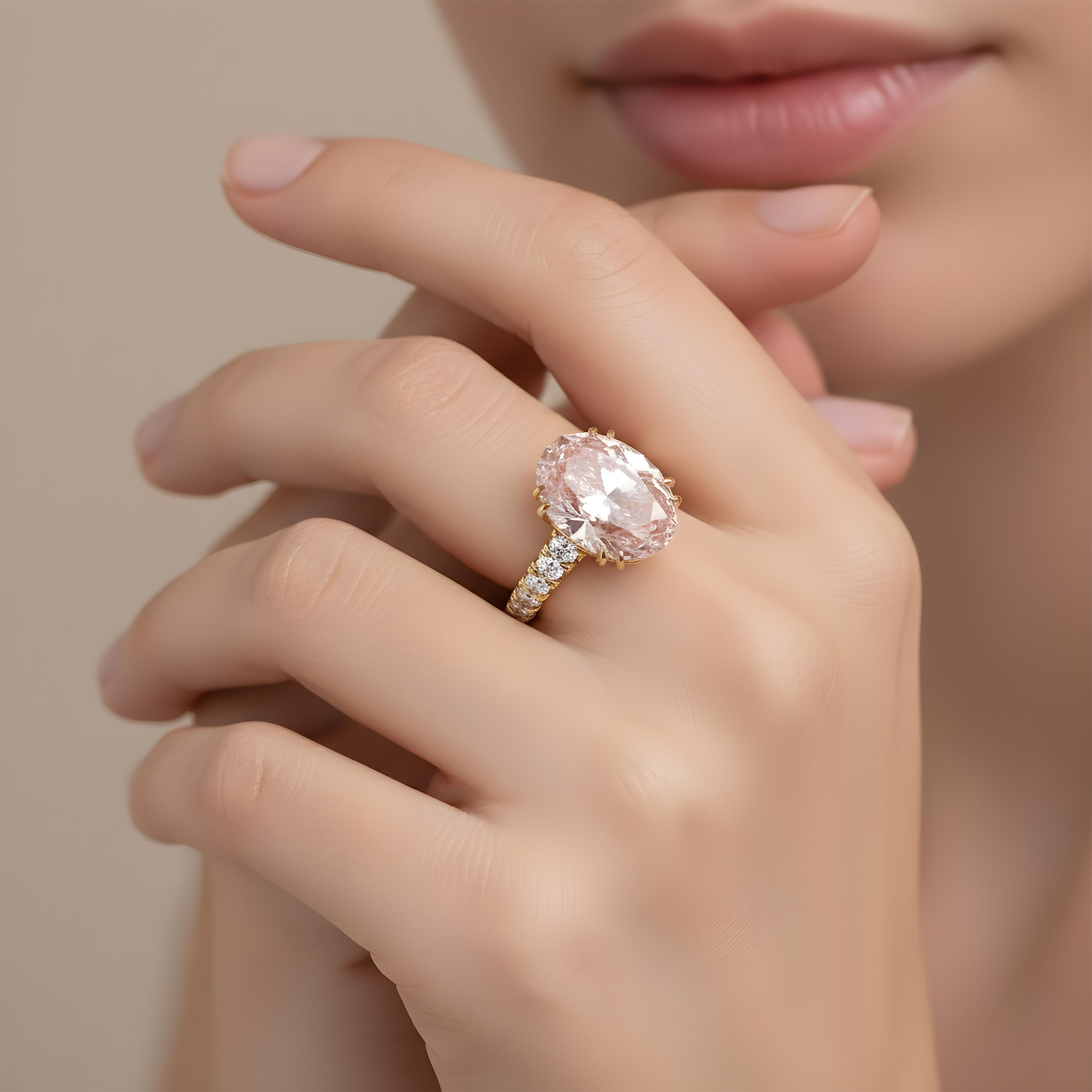 18K White Gold 10.30ct Oval Cut Fancy Vivid Pink Diamond Ring 12.40ctw