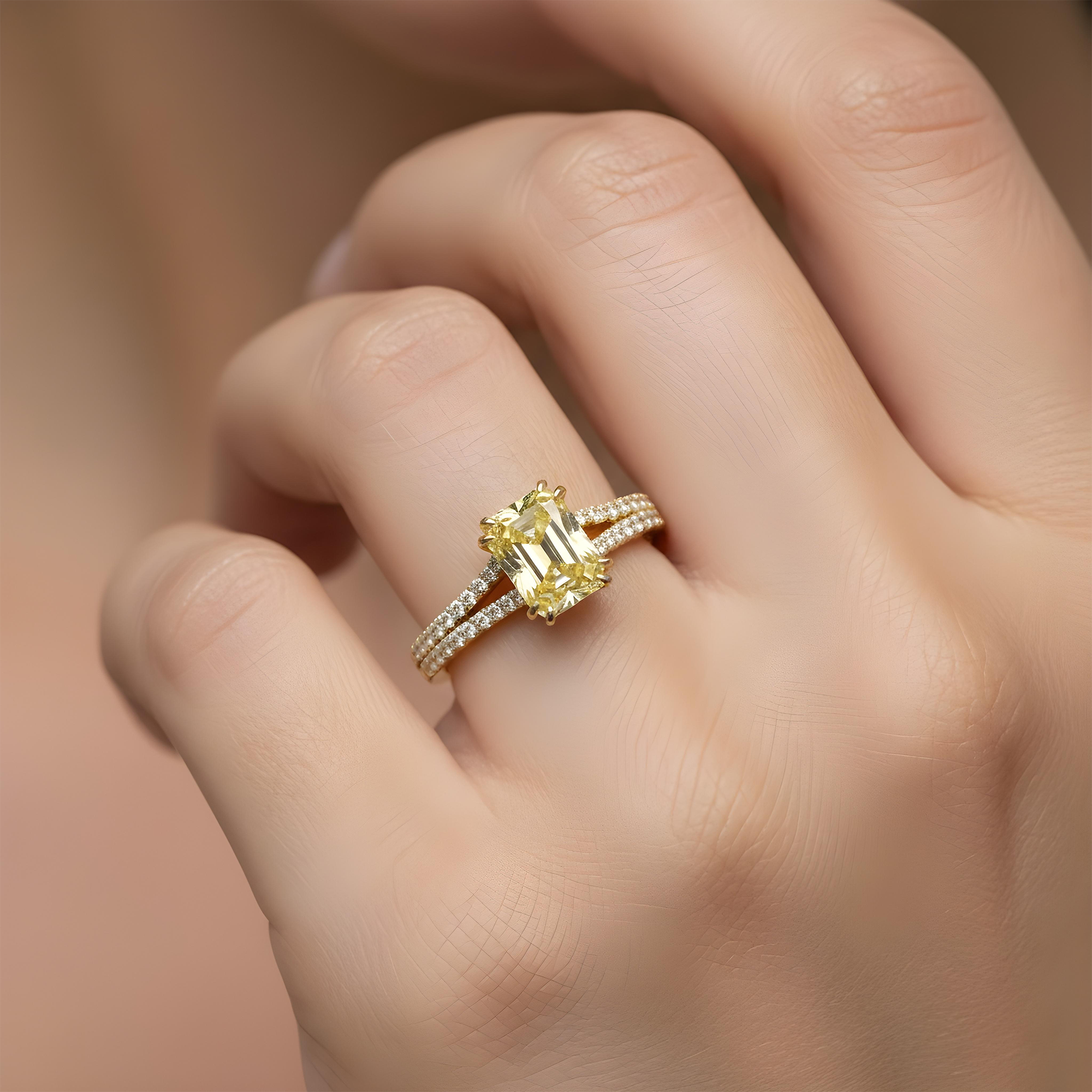 18K White Gold 3.32ct Radiant Cut Fancy Vivid Yellow Diamond Ring 3.83ctw