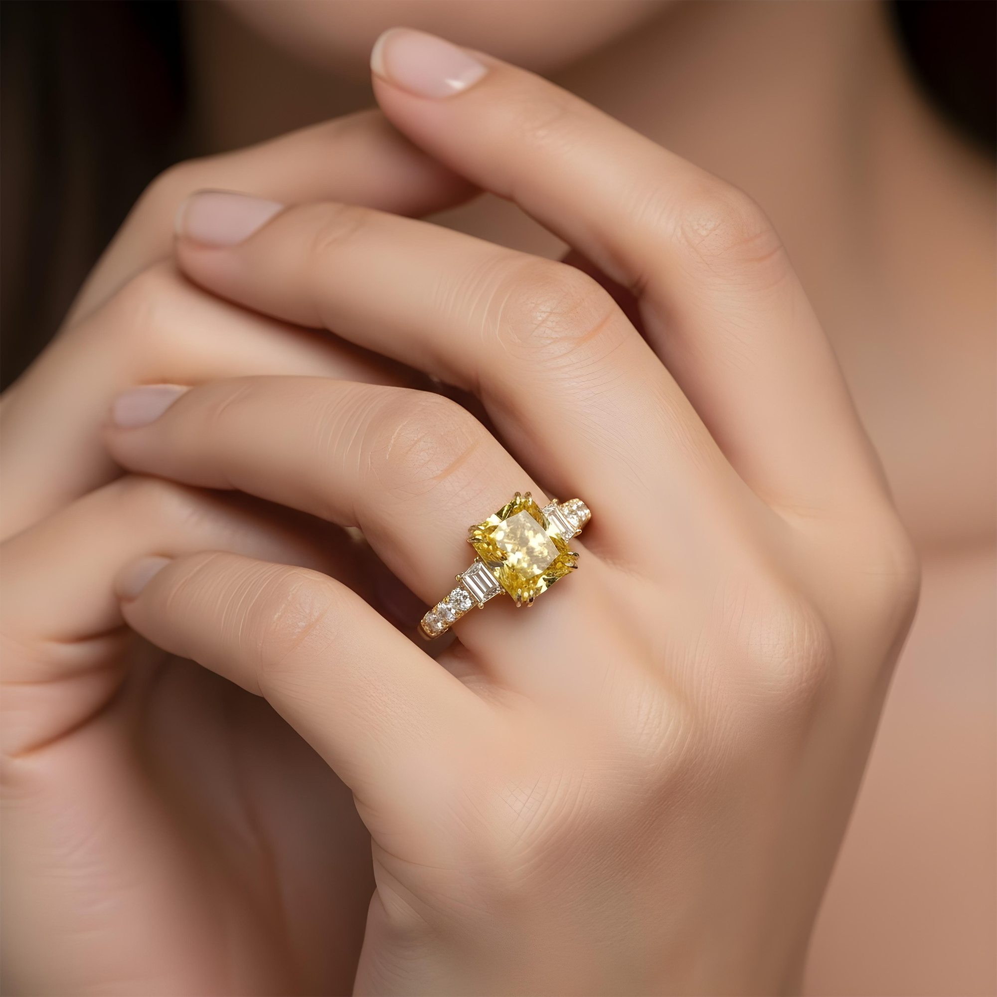 18K Two Tone 5.75ct Radiant Fancy Yellow Diamond Ring 7.15ctw