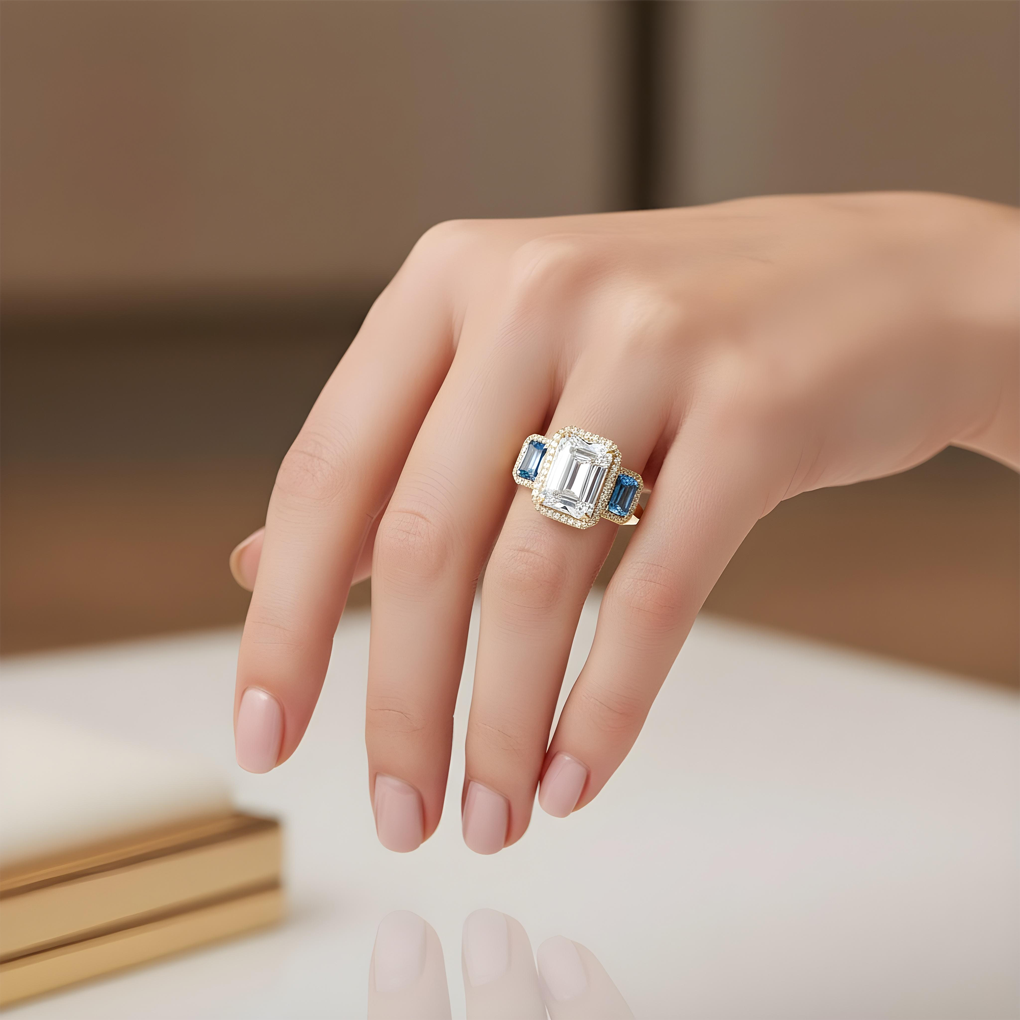 Platinum 10.0ct Emerald Cut White & Fancy Blue Triple Diamond Ring 13.83ctw