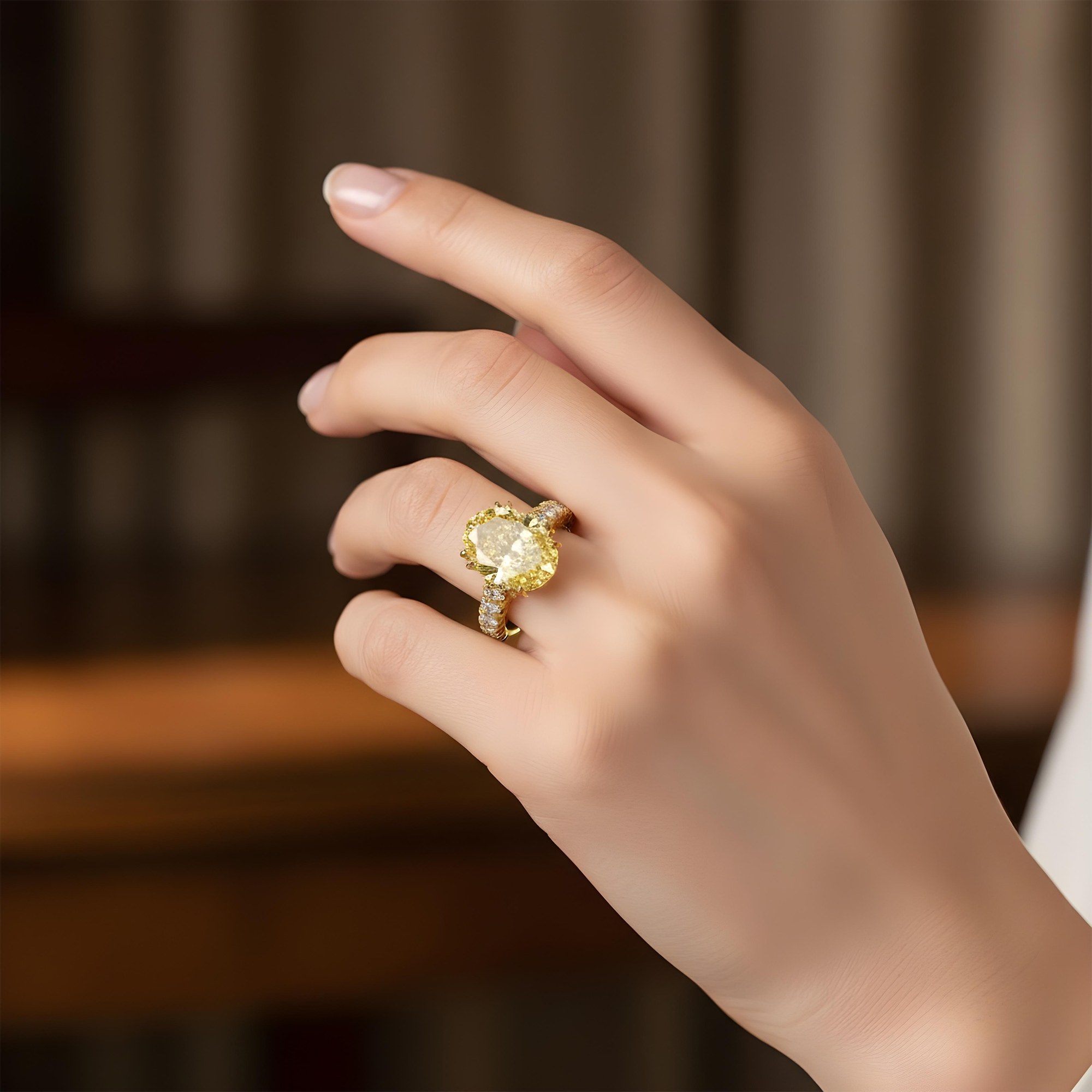 18K White Gold 11.57ct Oval Cut Fancy Yellow Diamond Ring 13.67ctw