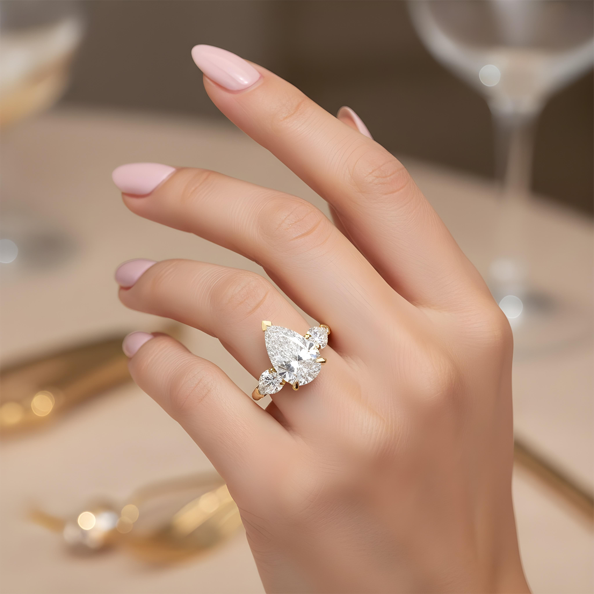 18K White Gold Triple Pear Cut Diamond Engagement Ring 6.73ctw