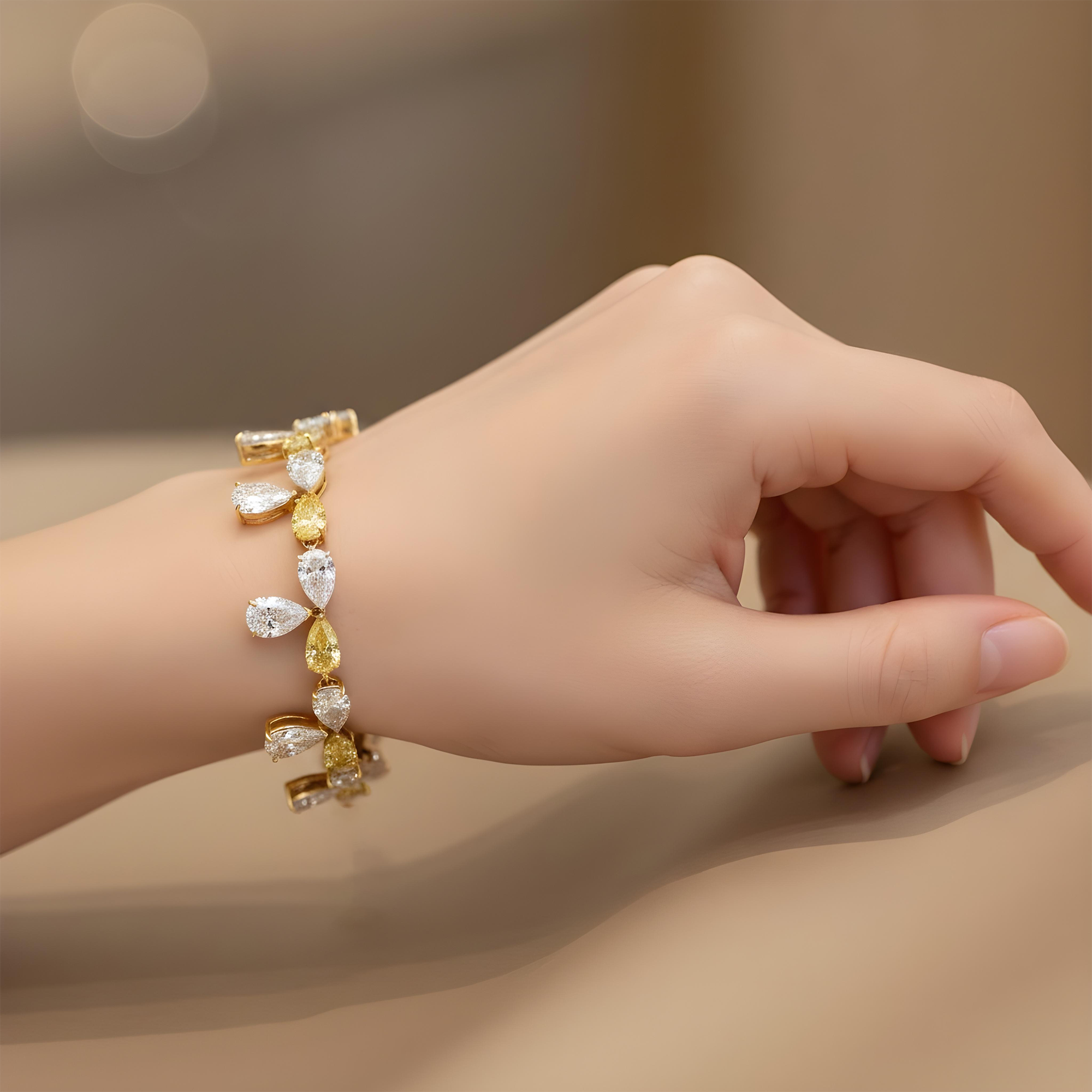 14K Two Tone Pear Cut White & Fancy Yellow Diamond Dangle Bracelet 33.63ct