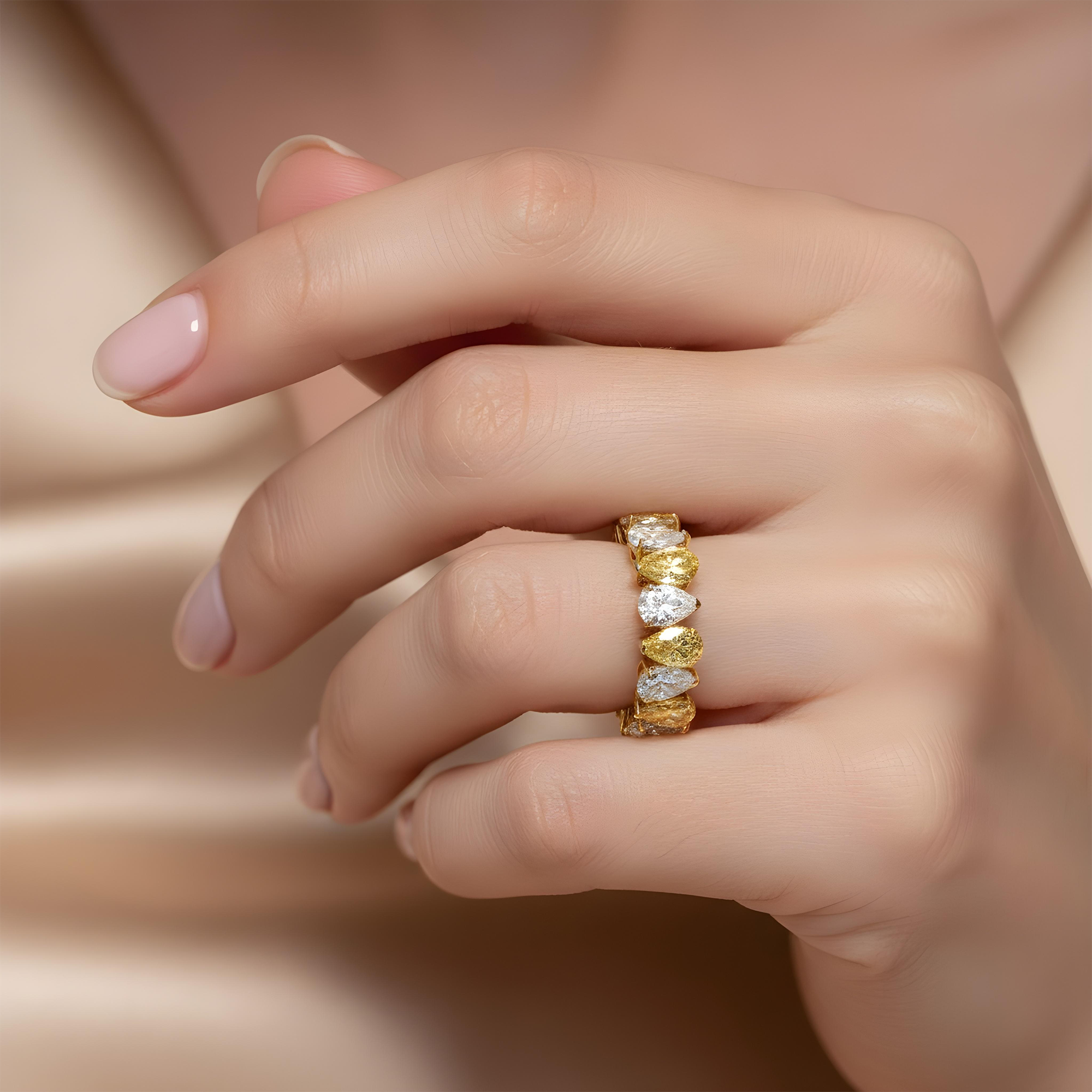 14K Two Tone Pear Cut Fancy Yellow & White Diamond Eternity Ring 8.31ct