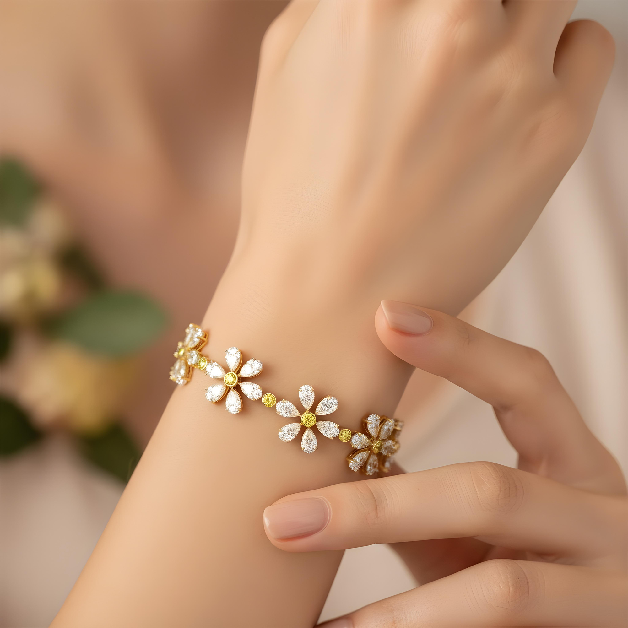 14K Two Tone Multi Cut Fancy Yellow & White Diamond Flower Bracelet 16.52ct
