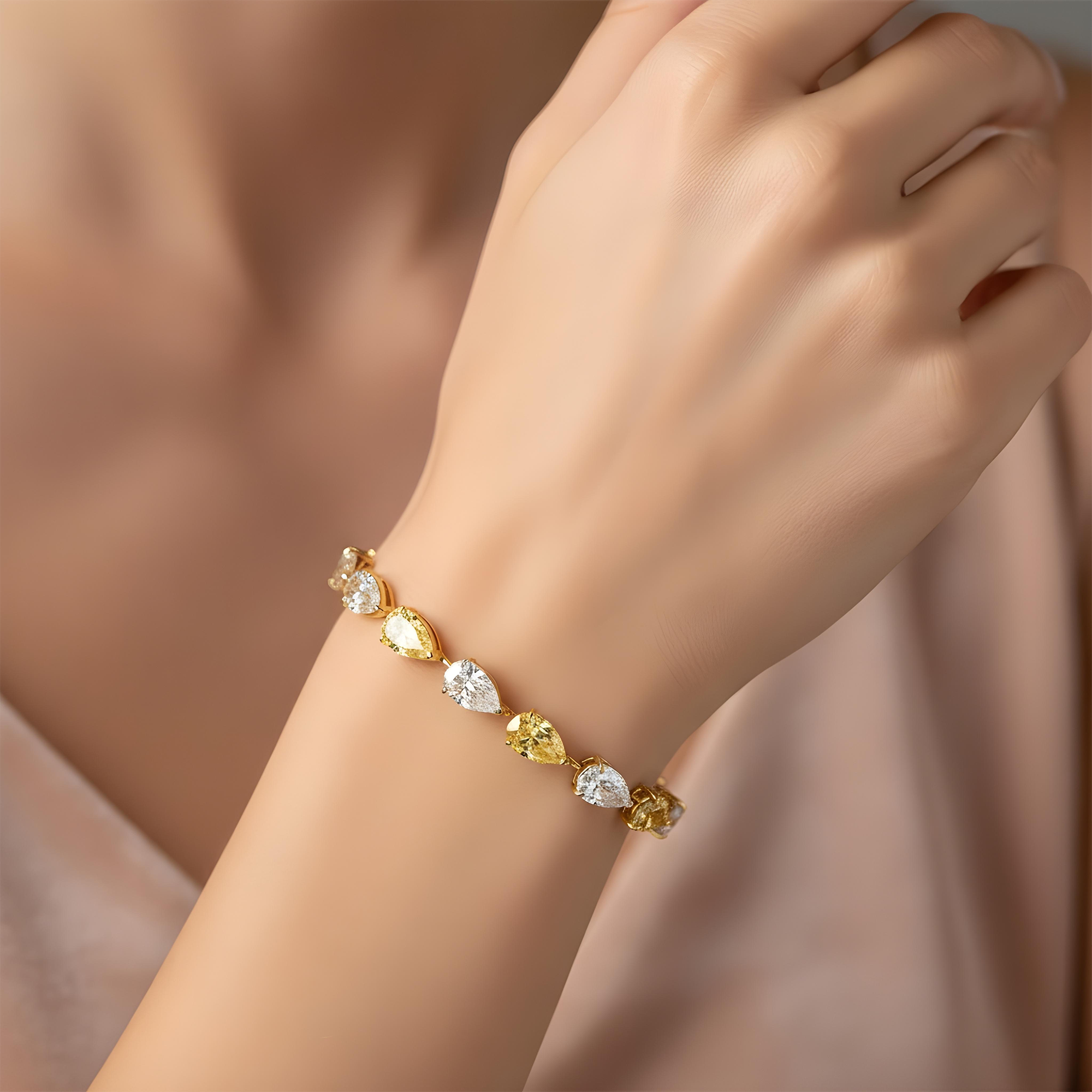 14K Two Tone Fancy Yellow & White Pear Cut Diamond Satellite Bracelet 20.21ct