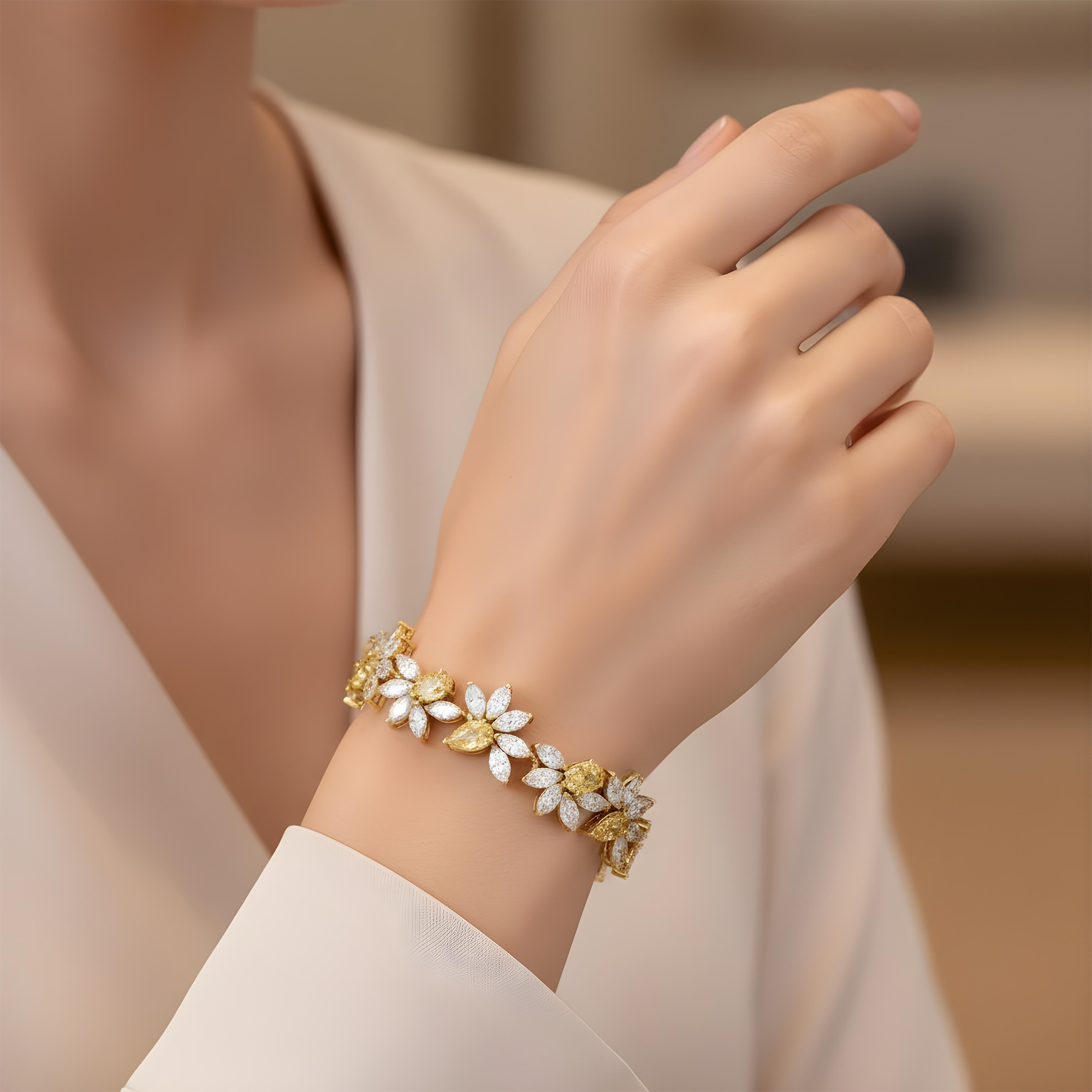 14K Two Tone Multi Cut Fancy Yellow & White Diamond Rose Bud Bracelet 26.54ct