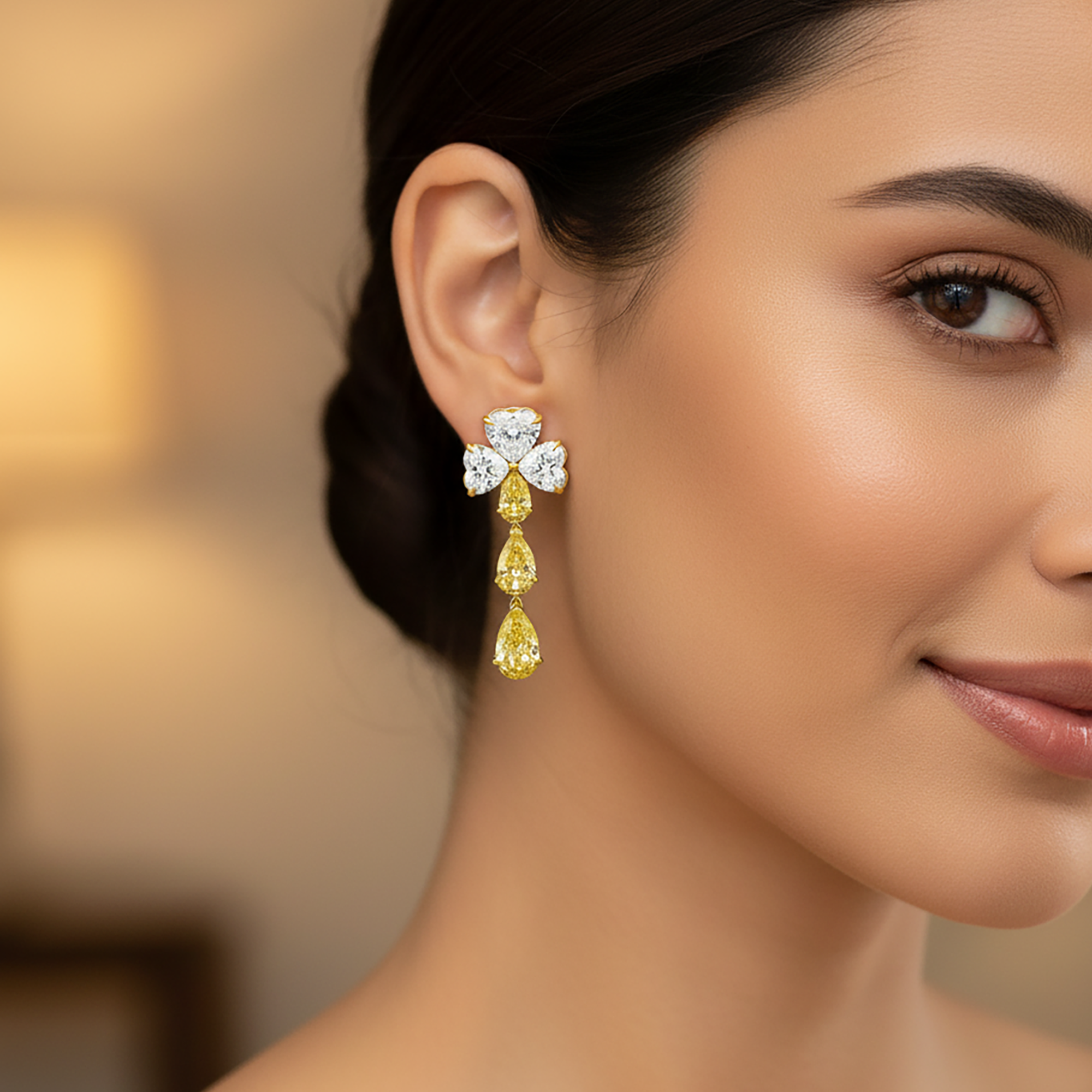 IGI 14K Two Tone White & Fancy Yellow Heart & Pear Diamond Earrings 13.72ct