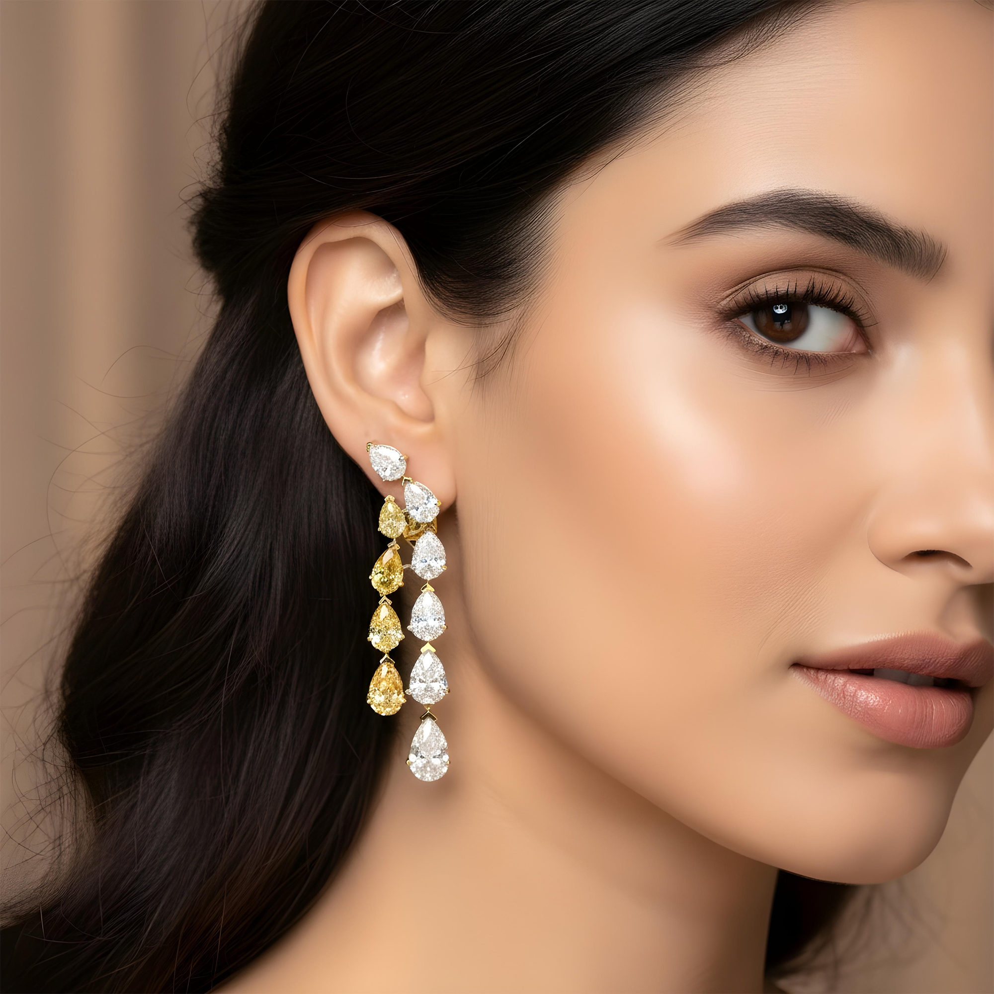 IGI 14K Two Tone Pear Cut Fancy Yellow & White Diamond Drop Earrings 14.32ctw