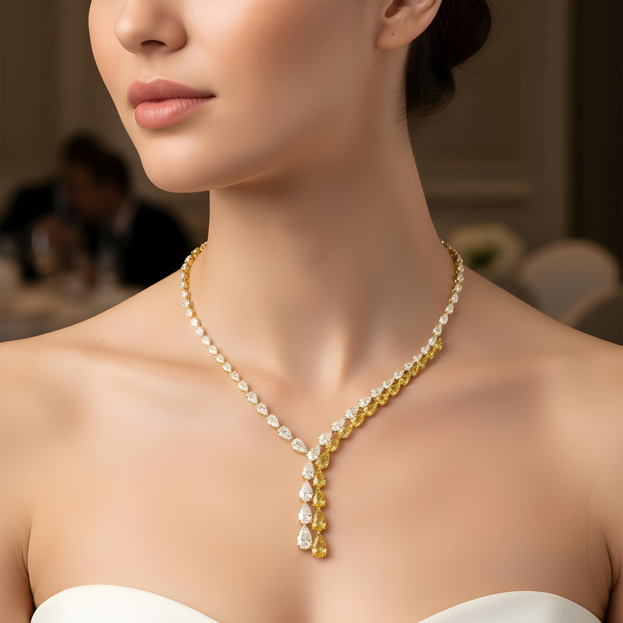 14K Two Tone Pear Cut Fancy Yellow Diamond Drop Necklace 35.20ct