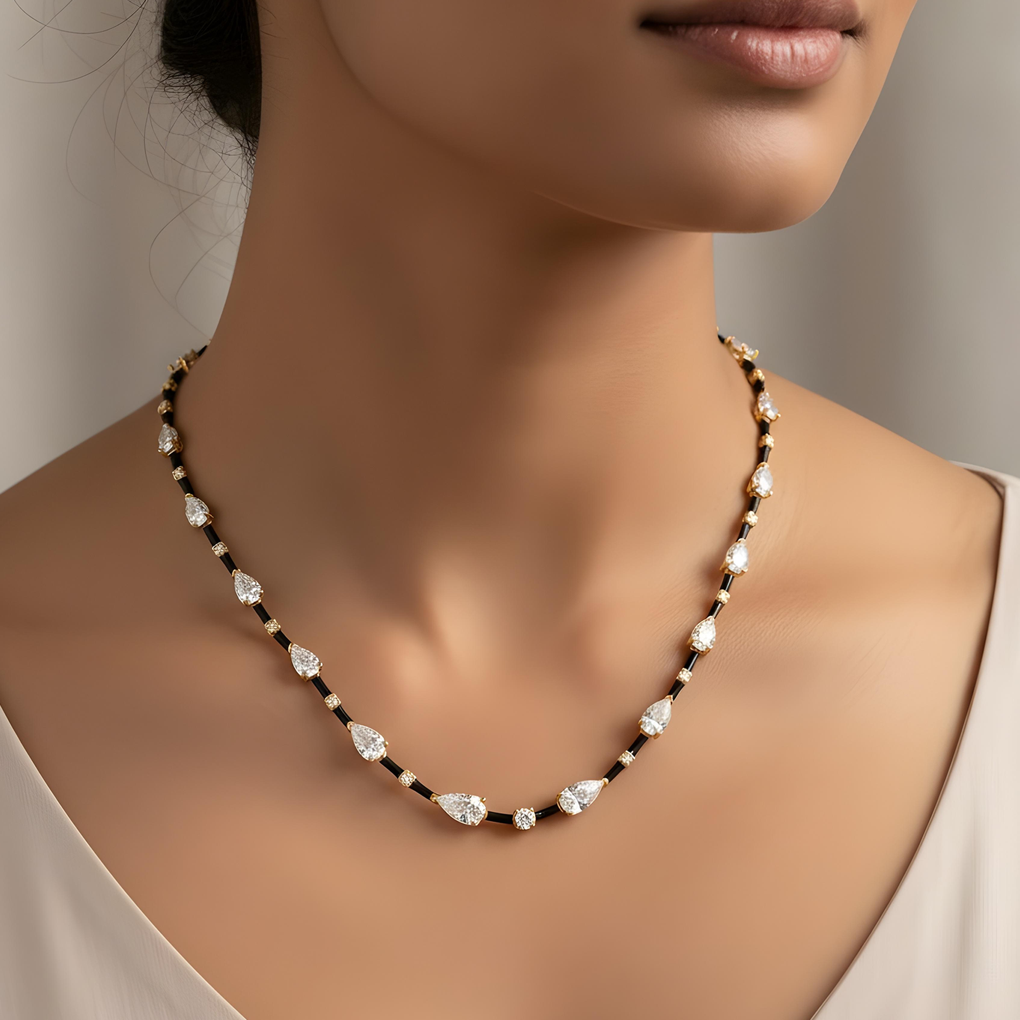 14K White Gold Pear & Round Cut Black Enamel Chain Necklace 15.06ct