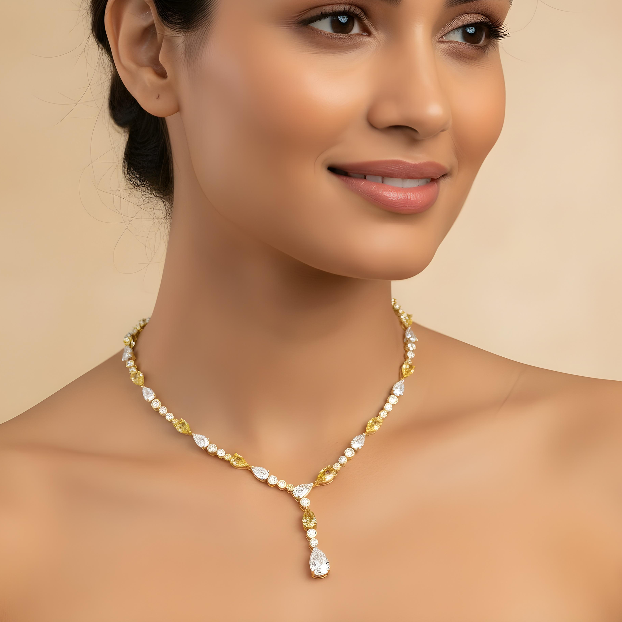 14K White Gold White & Fancy Yellow Diamond Drop Necklace 19.96ct