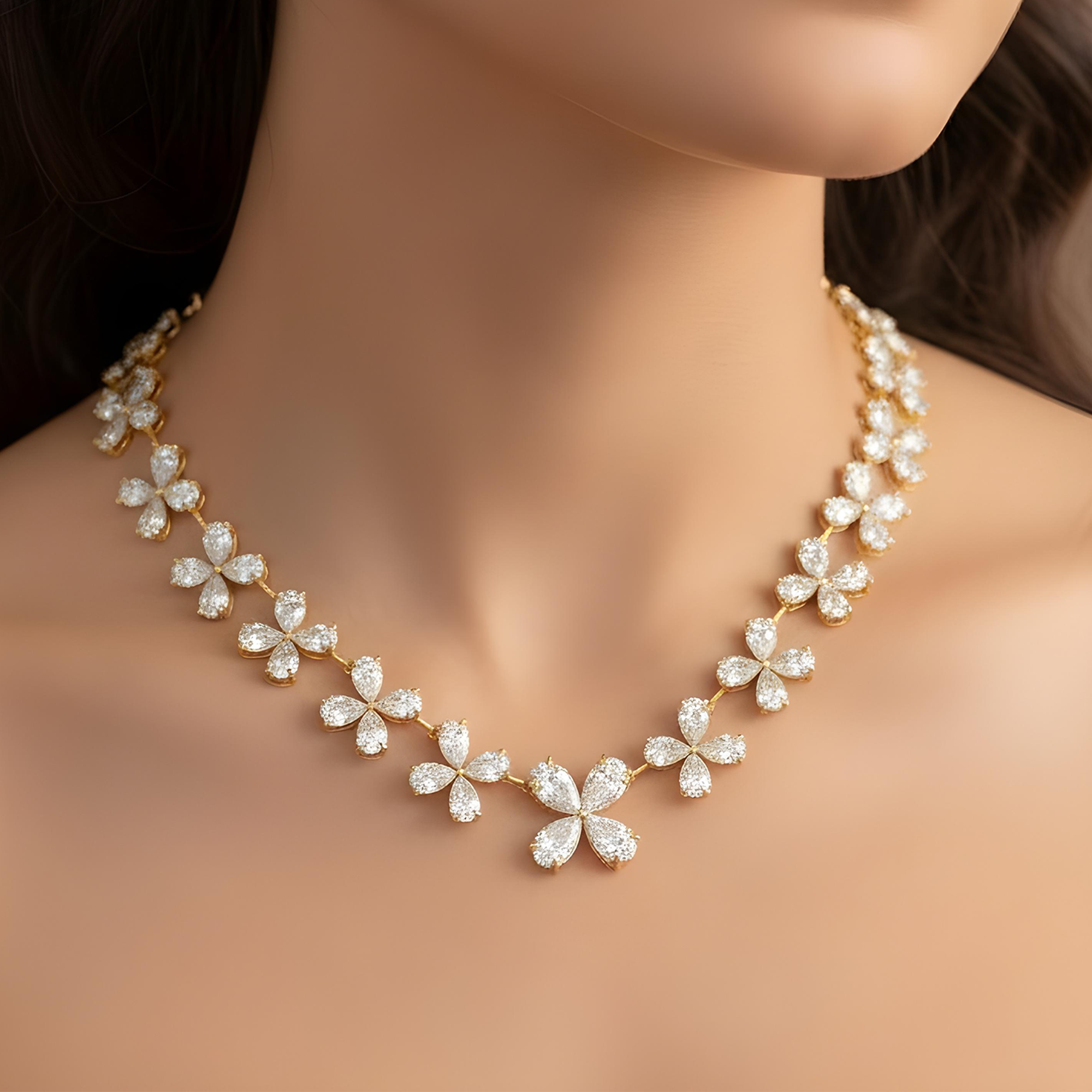 14K White Gold Pear Cut Diamond Graduated Flower Necklace 55.96ctw