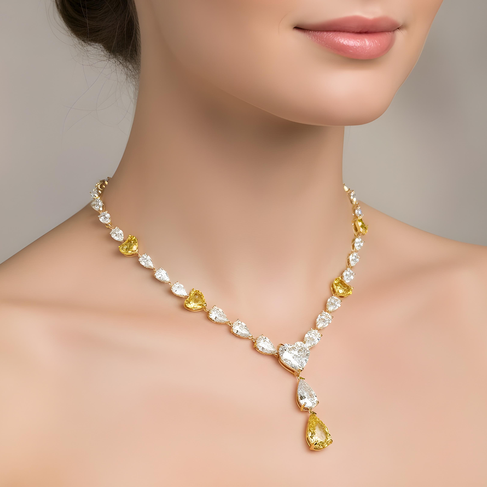 IGI 14K Two Tone Fancy Intense Yellow & White Diamond Drop Necklace 33.73ct