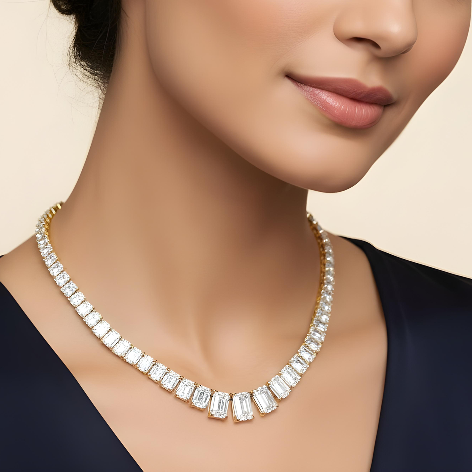 IGI 14K White Gold Graduated Radiant Cut Diamond Necklace 52.50ct