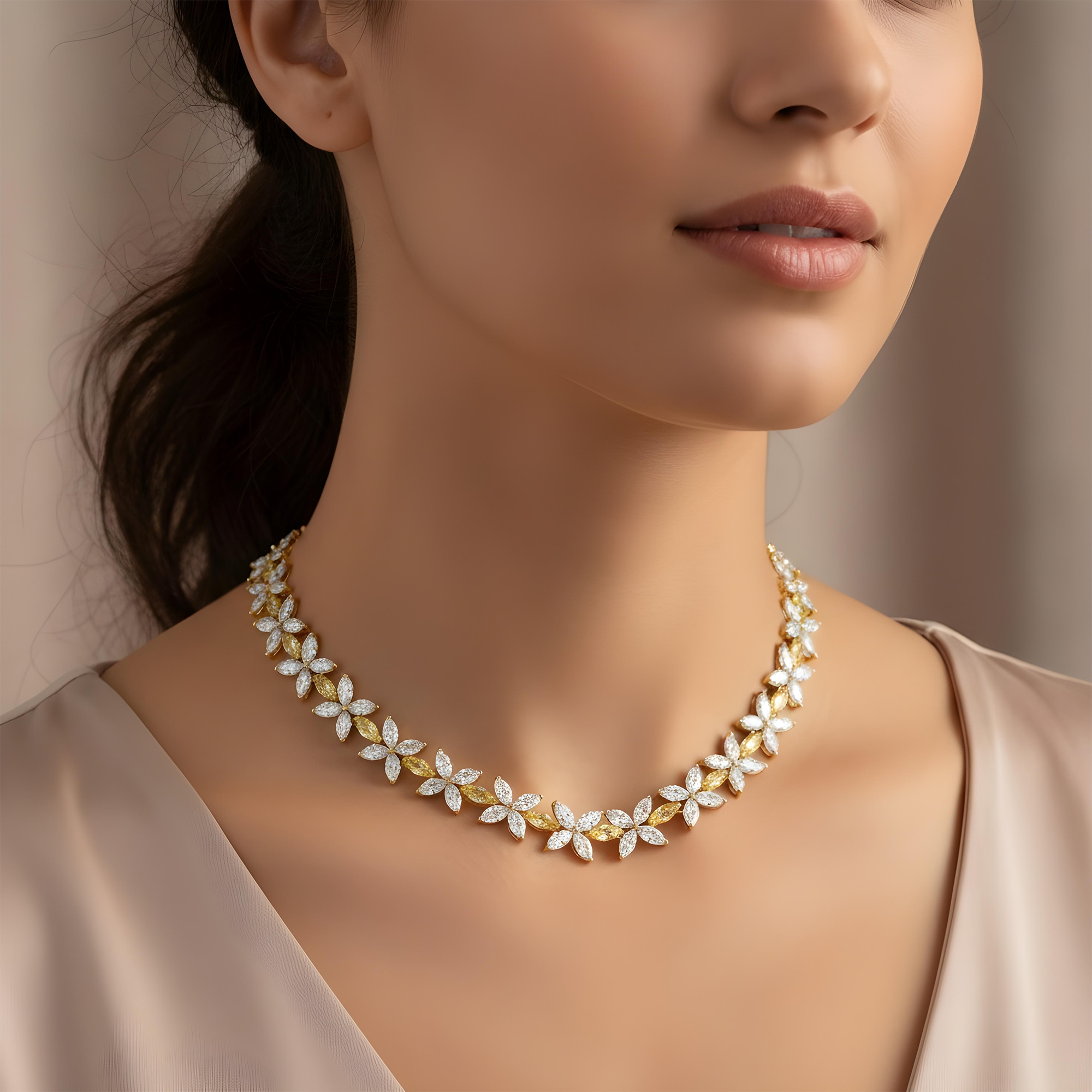 14K Two Tone Marquise Cut Diamond Flower Necklace 57.09ct