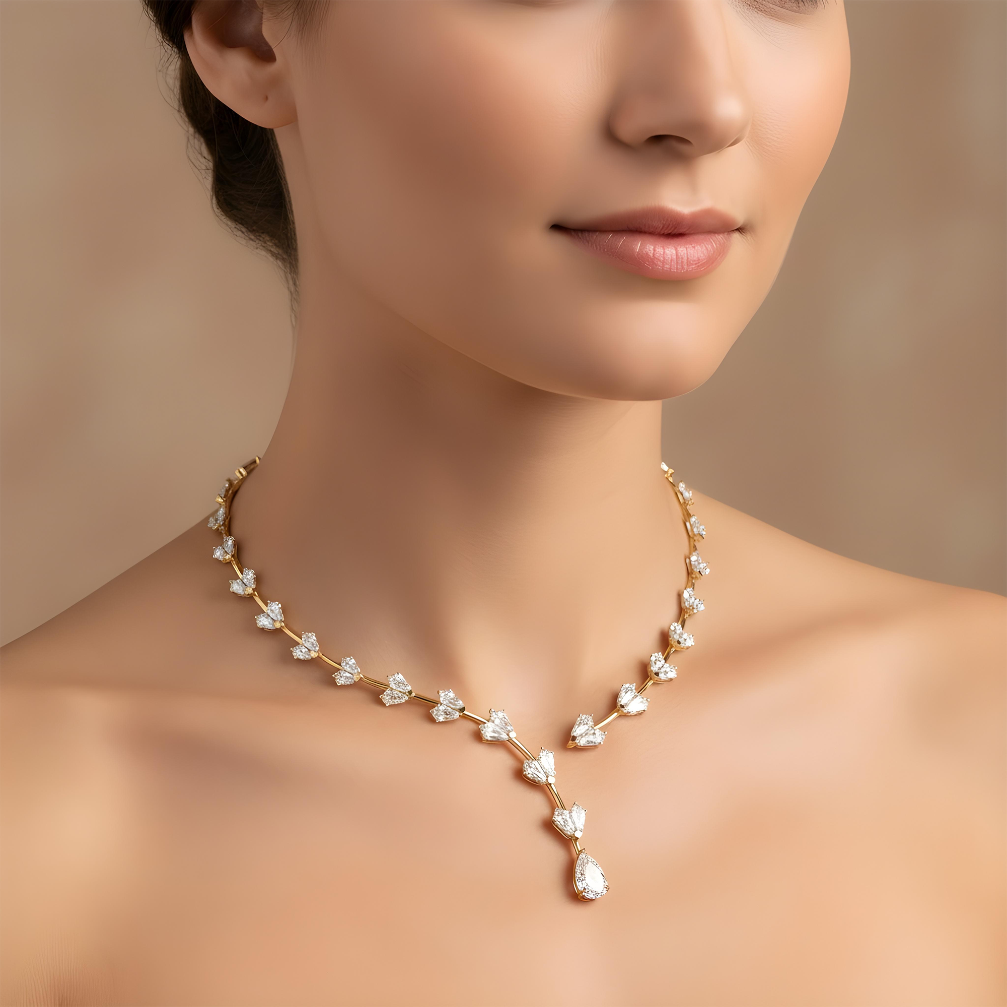 14K White Gold Pear & Step Cut Kite Diamond Satellite Drop Necklace 33.10ct