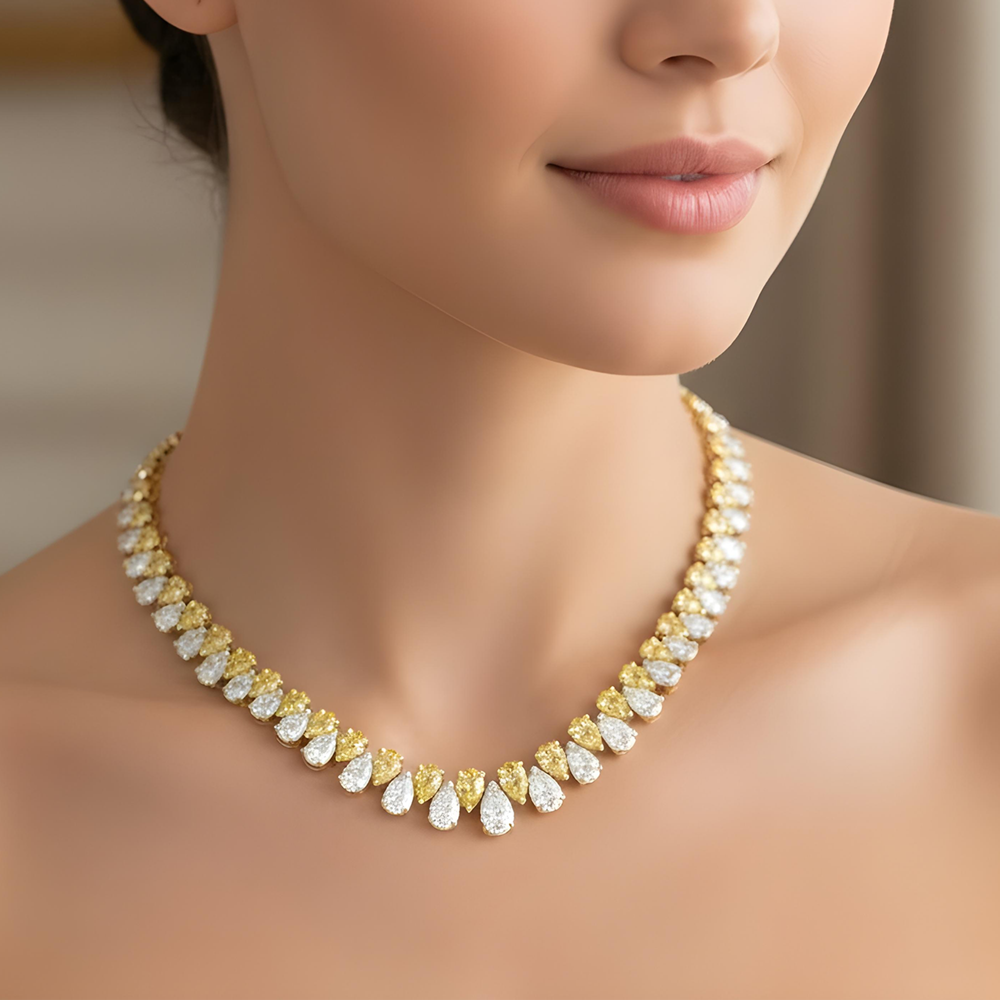 14K Two Tone Graduated Pear Cut Fancy Yellow & White Diamond Chain 45.77ct