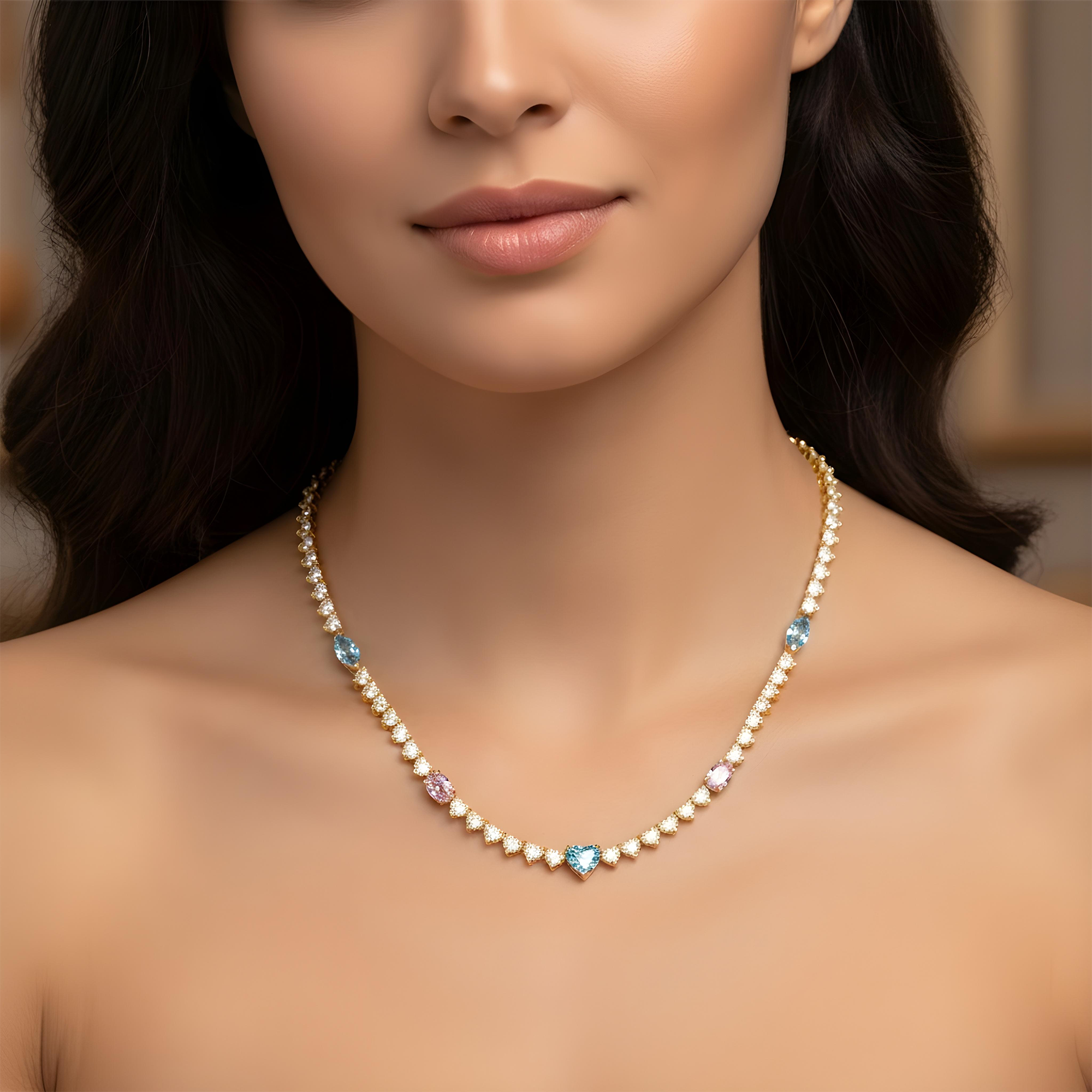 14K White Gold Multi Cut Fancy Pink & Blue Diamond Tennis Chain 28.40ct