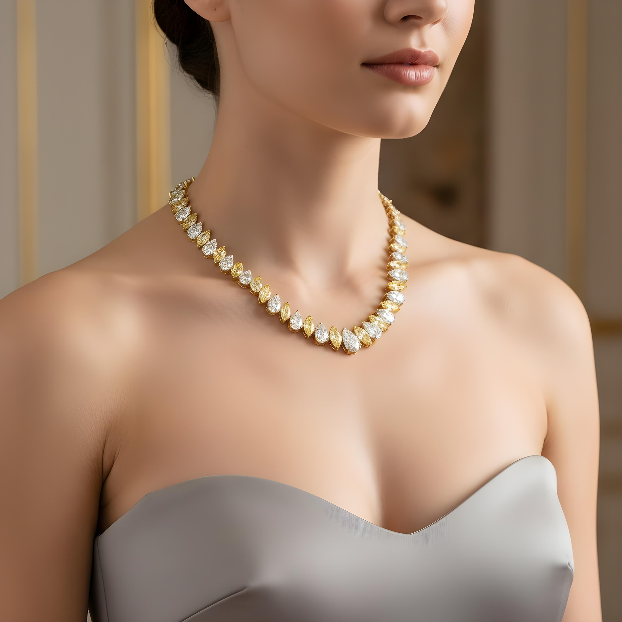 14K Two Tone Graduated Multi Cut Fancy Yellow & White Diamond Tennis Chain 51.73ct