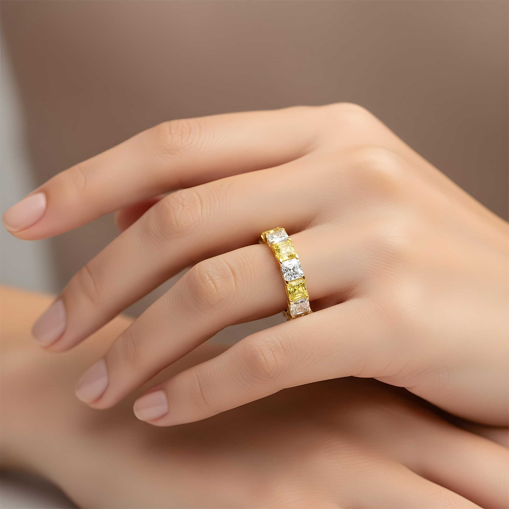 14K White Gold Asscher Cut Fancy Yellow & White Diamond Eternity Ring 8.21ct (Size 6.5)