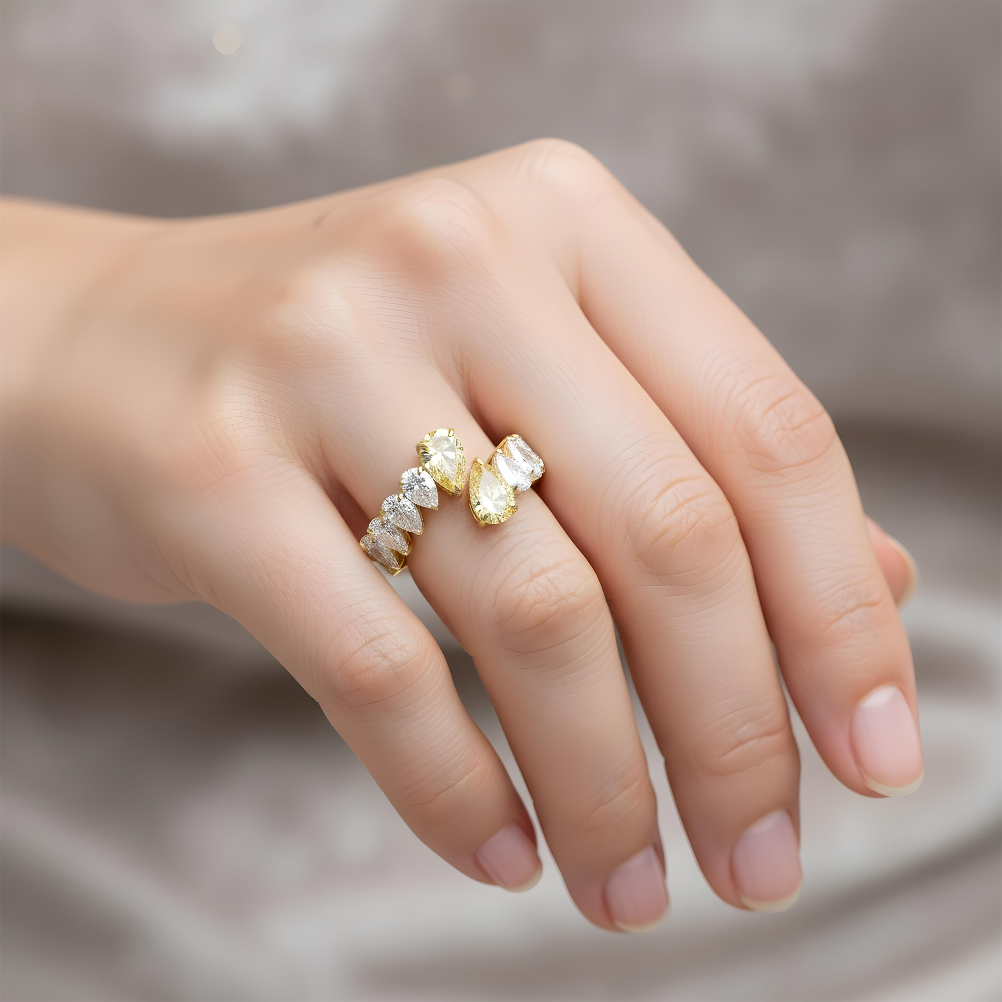 14K Two Tone Pear Cut Fancy Yellow & White Diamond Wrap Ring 6.82ct