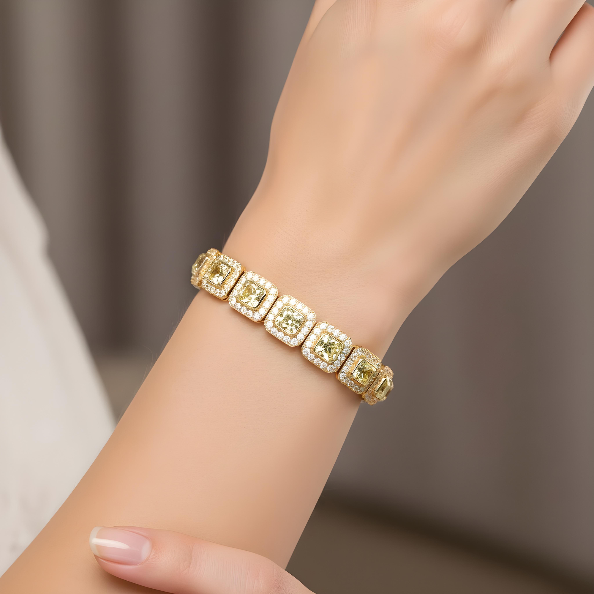 18K Two Tone Radiant Cut Canary Yellow & White Diamond Bracelet 16.68ct