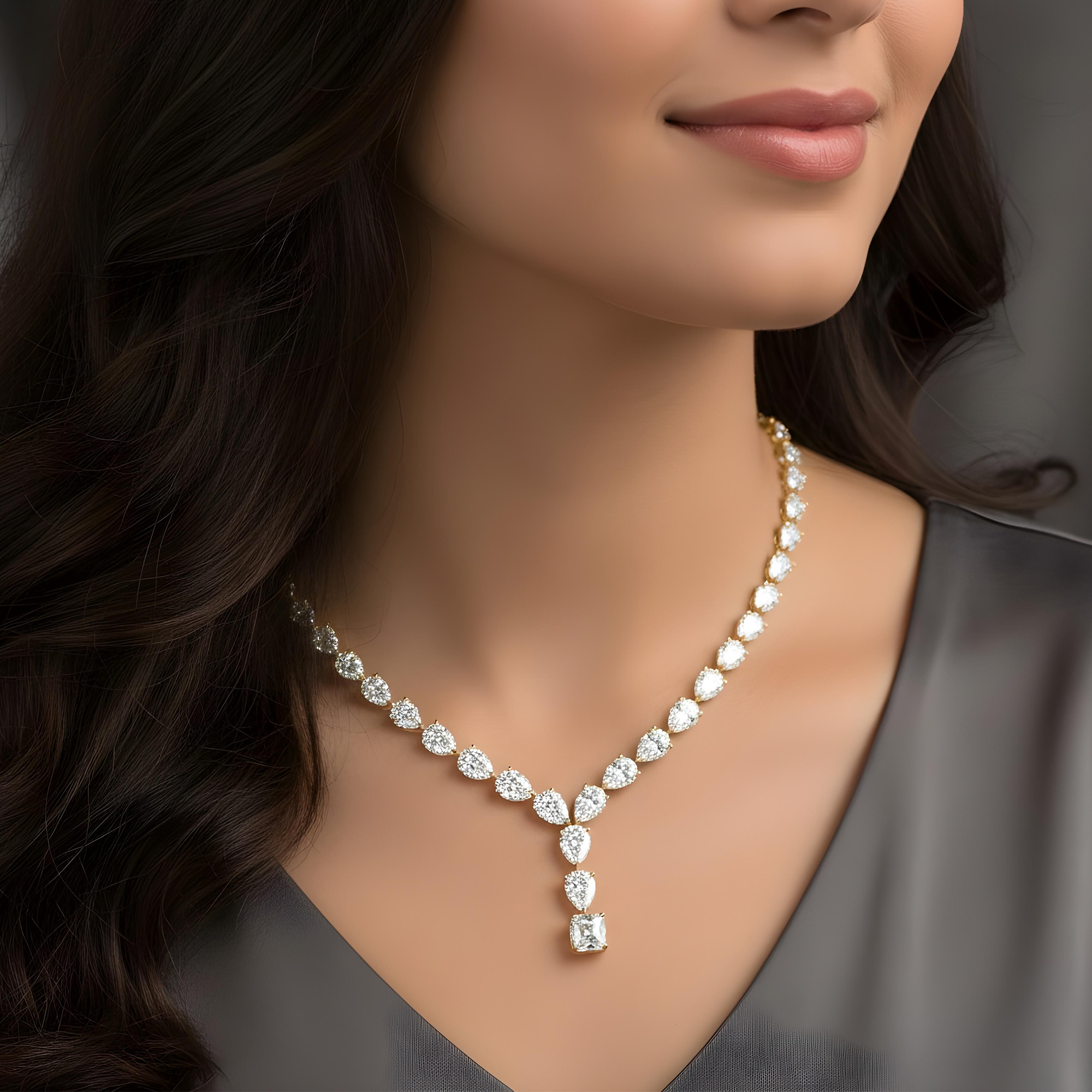 18K White Gold Pear & Cushion Cut Diamond Drop Necklace 40.28ct