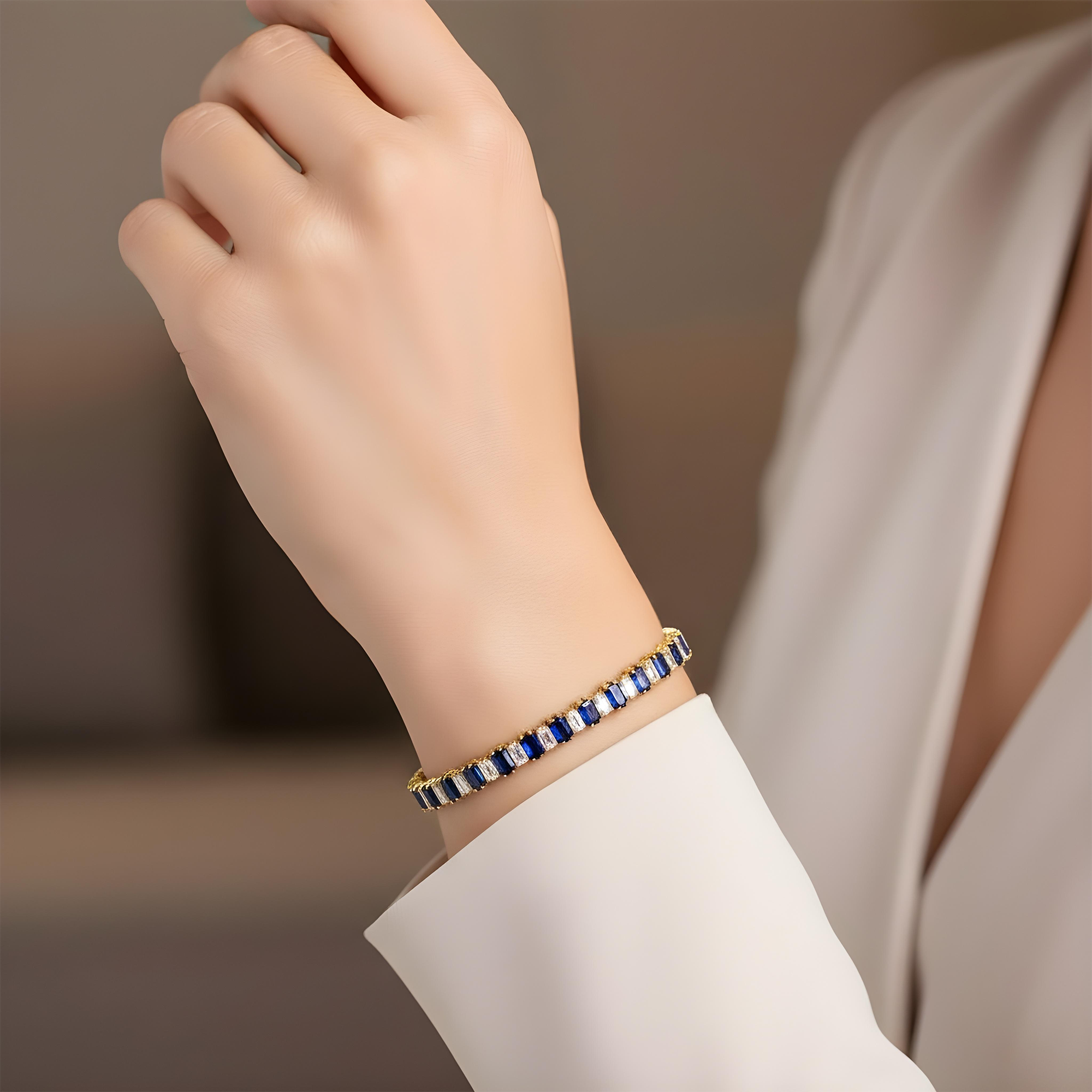 18K White Gold Emerald Cut Sapphire & Diamond Bracelet 17.20ctw