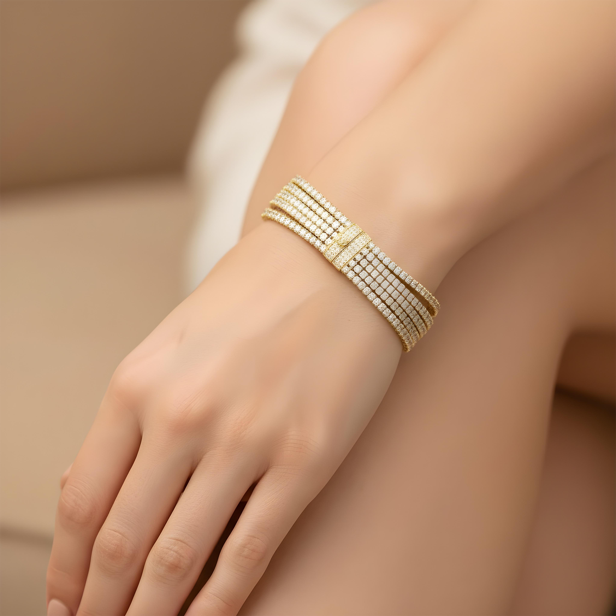 14K White Gold Five Row Round Cut Diamond Bracelet 15.44ct
