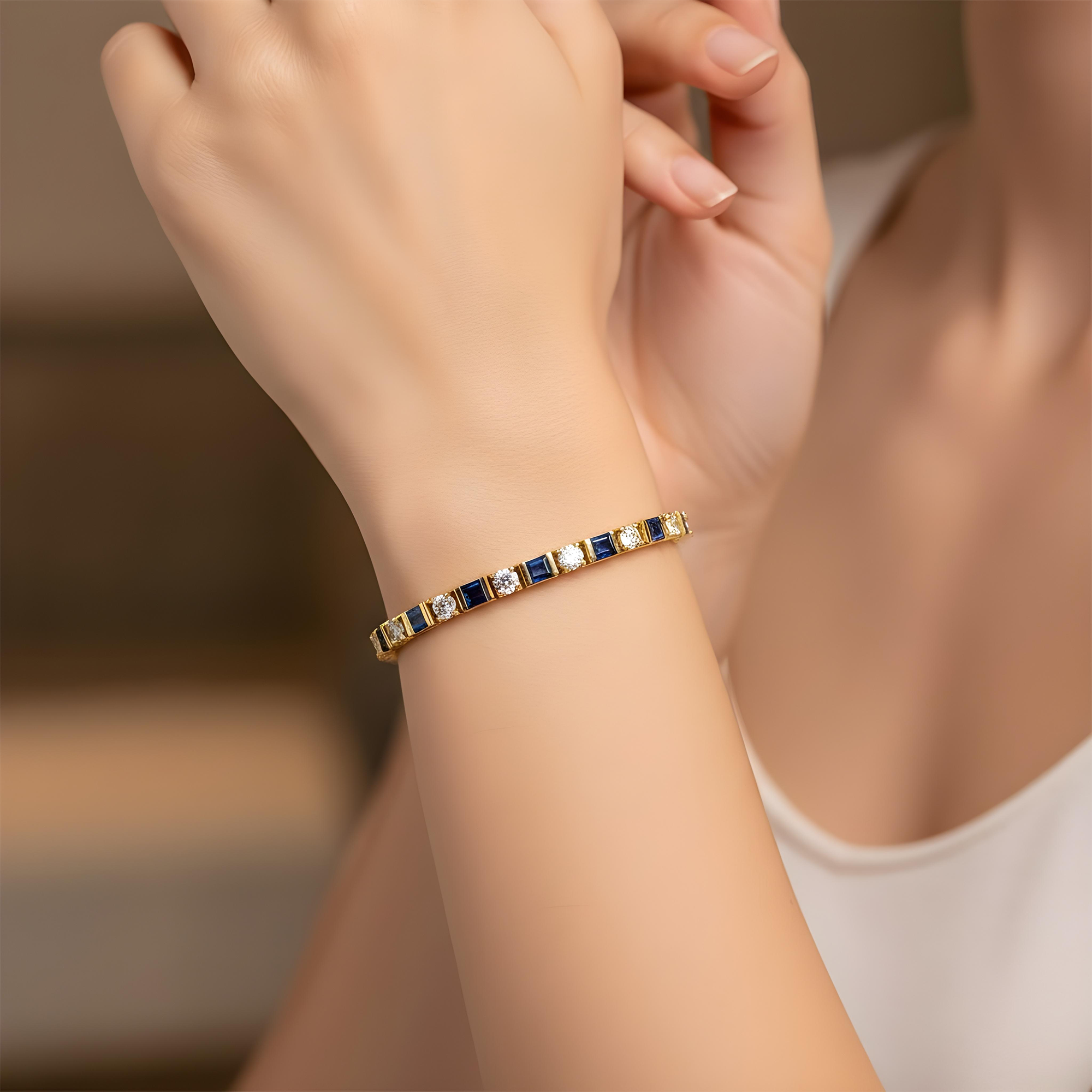 14K White Gold Baguette Cut Sapphire & Round Diamond Bracelet 5.82ctw