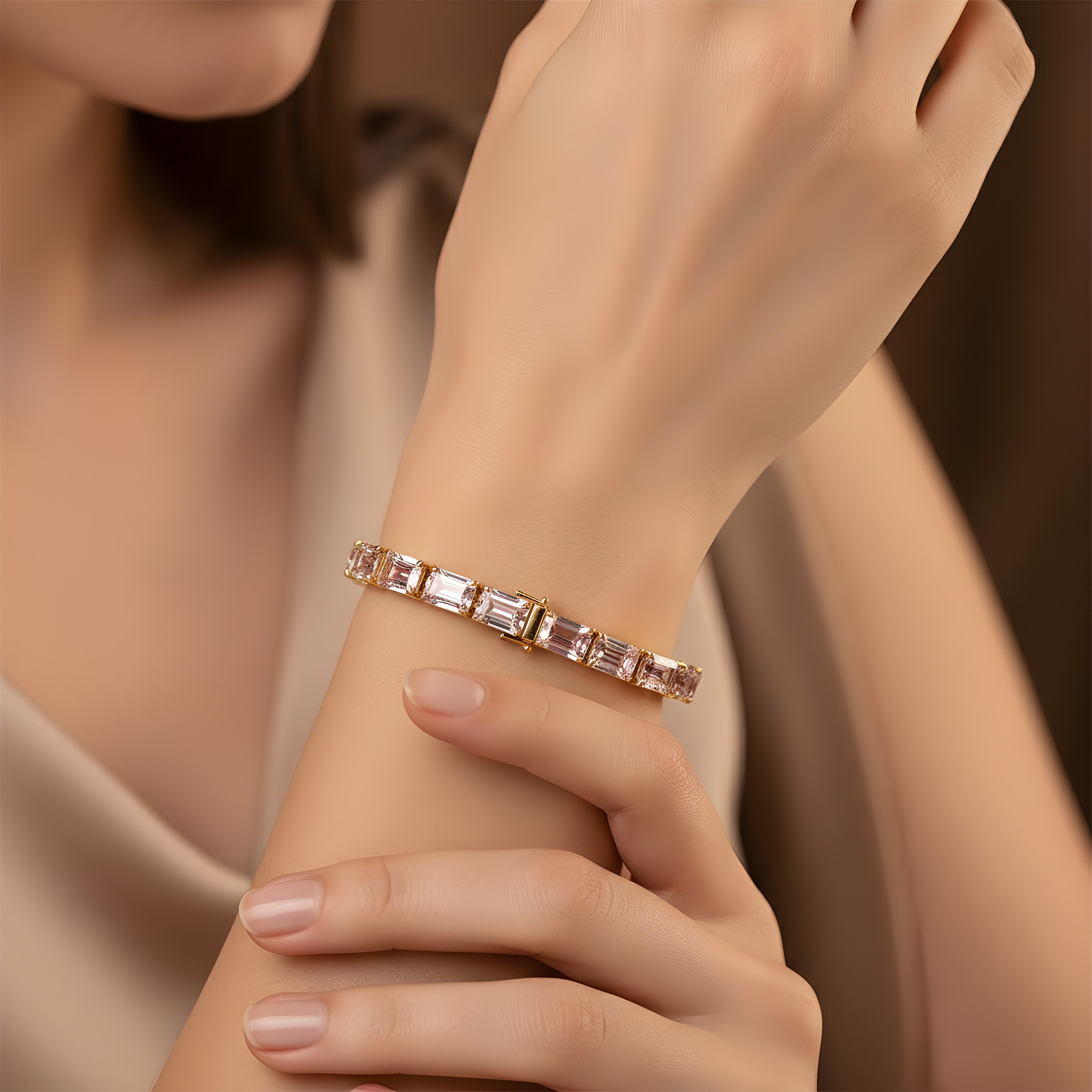 18K Rose Gold Emerald Cut Fancy Pink Diamond Tennis Bracelet 32.39ct