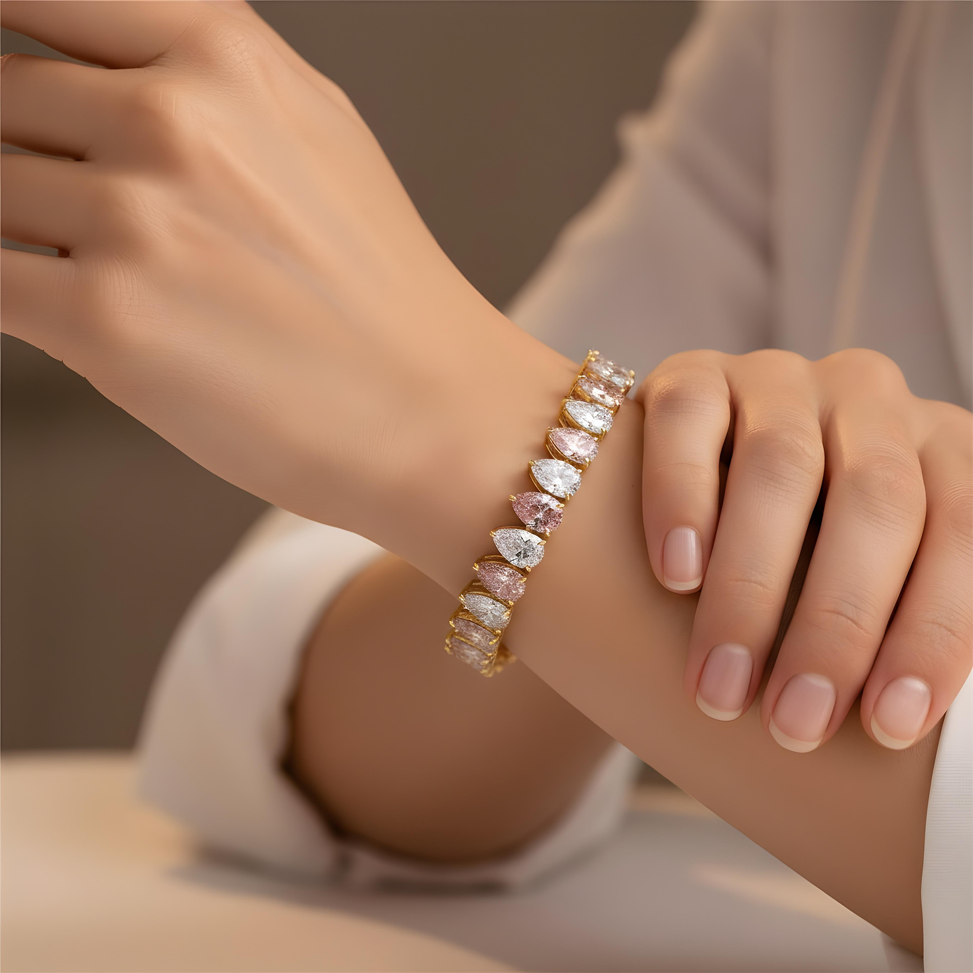 18K White Gold Pear Cut Fancy Pink & White Diamond Bracelet 27.60