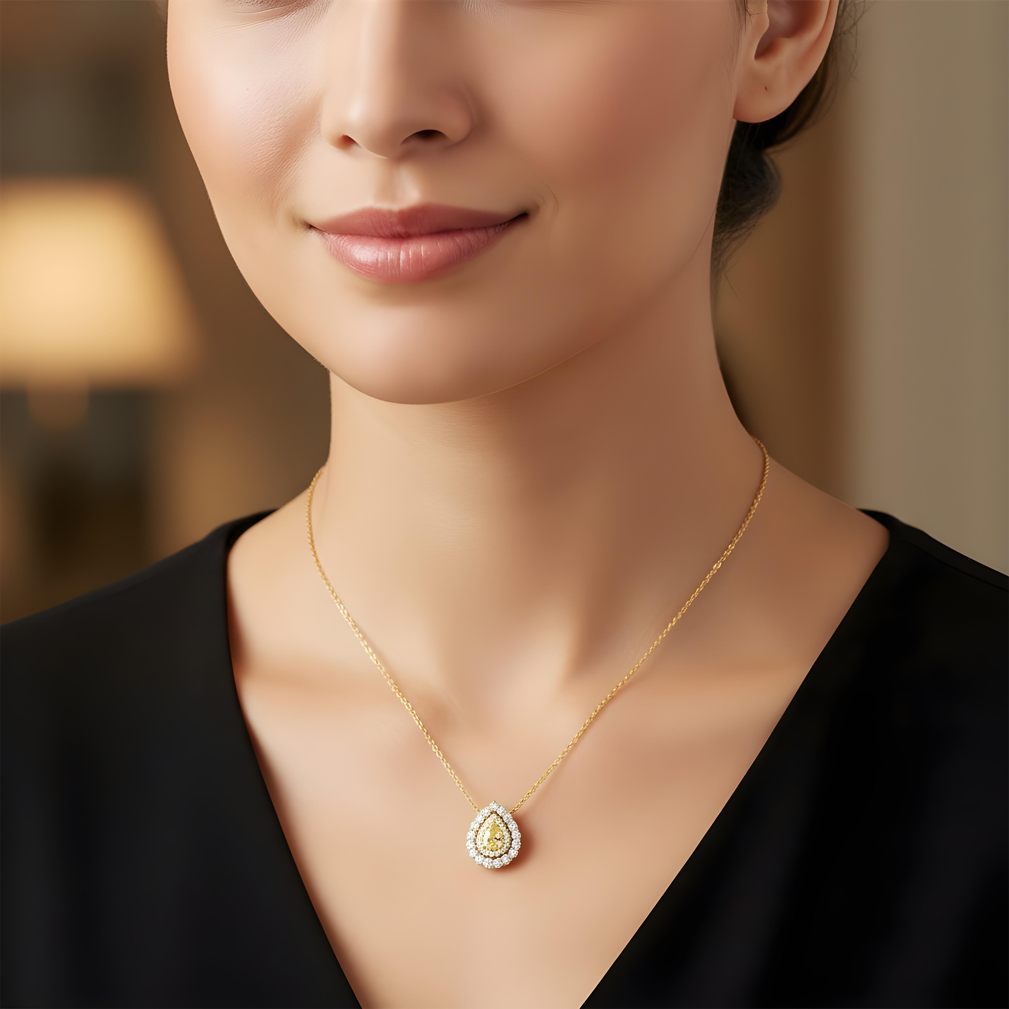 14K White Gold Pear Cut Canary Yellow Diamond Pendant & Chain Necklace 1.44ct