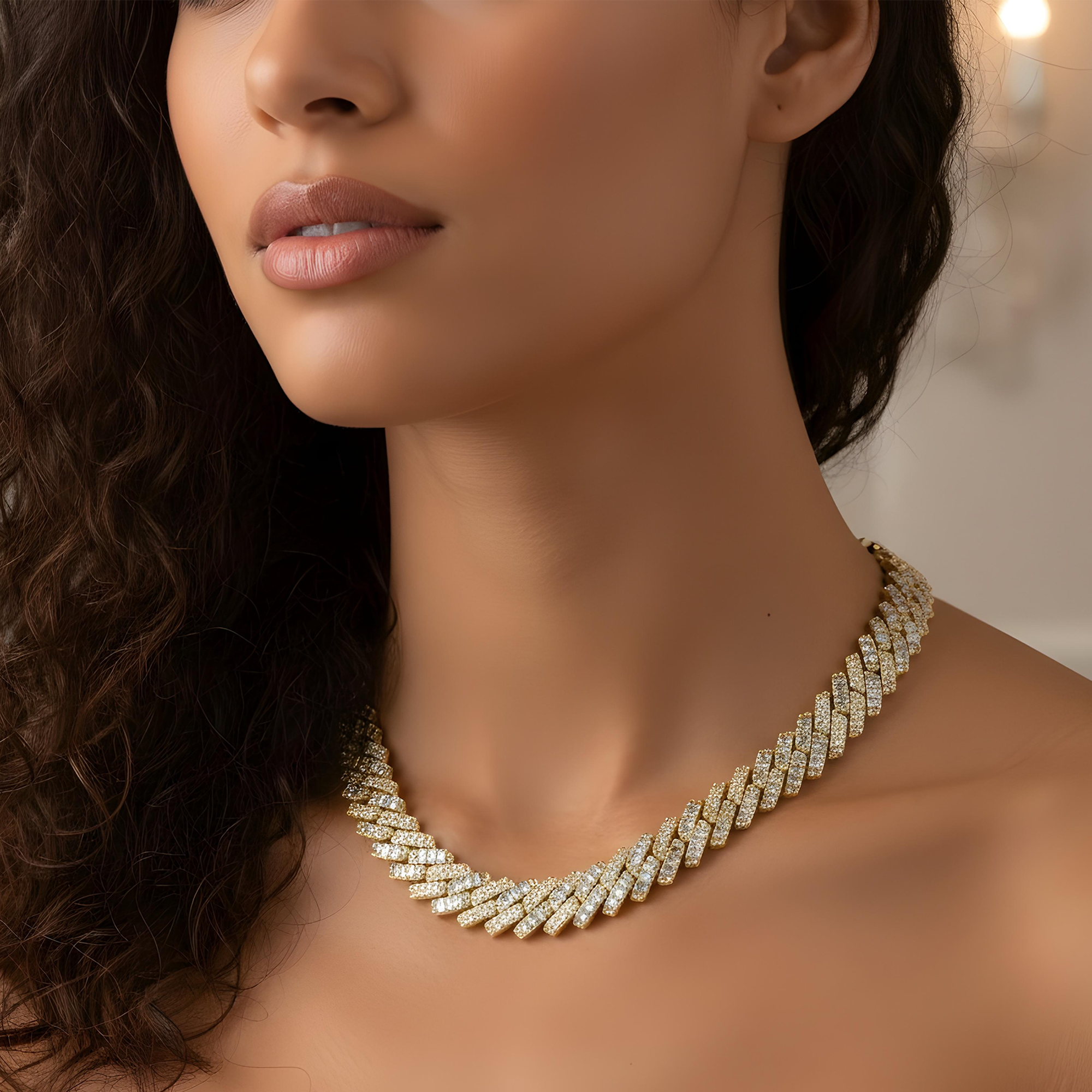 14K Rose Gold 15mm Emerald & Round Diamond Cuban Link Chain