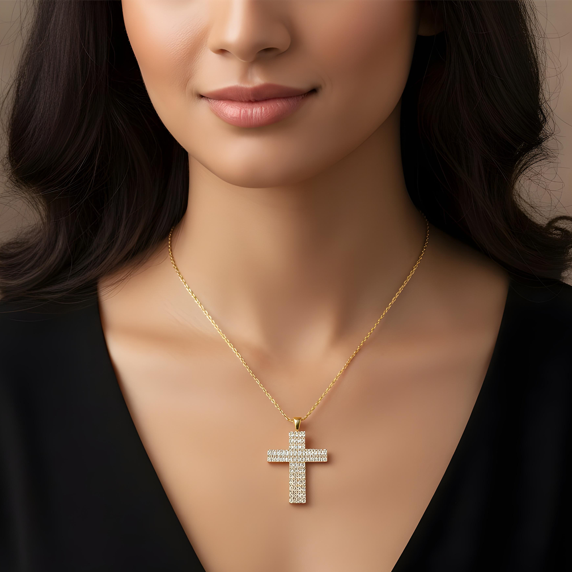 14K White Gold Emerald Cut Diamond Cross Pendant  27.97ct