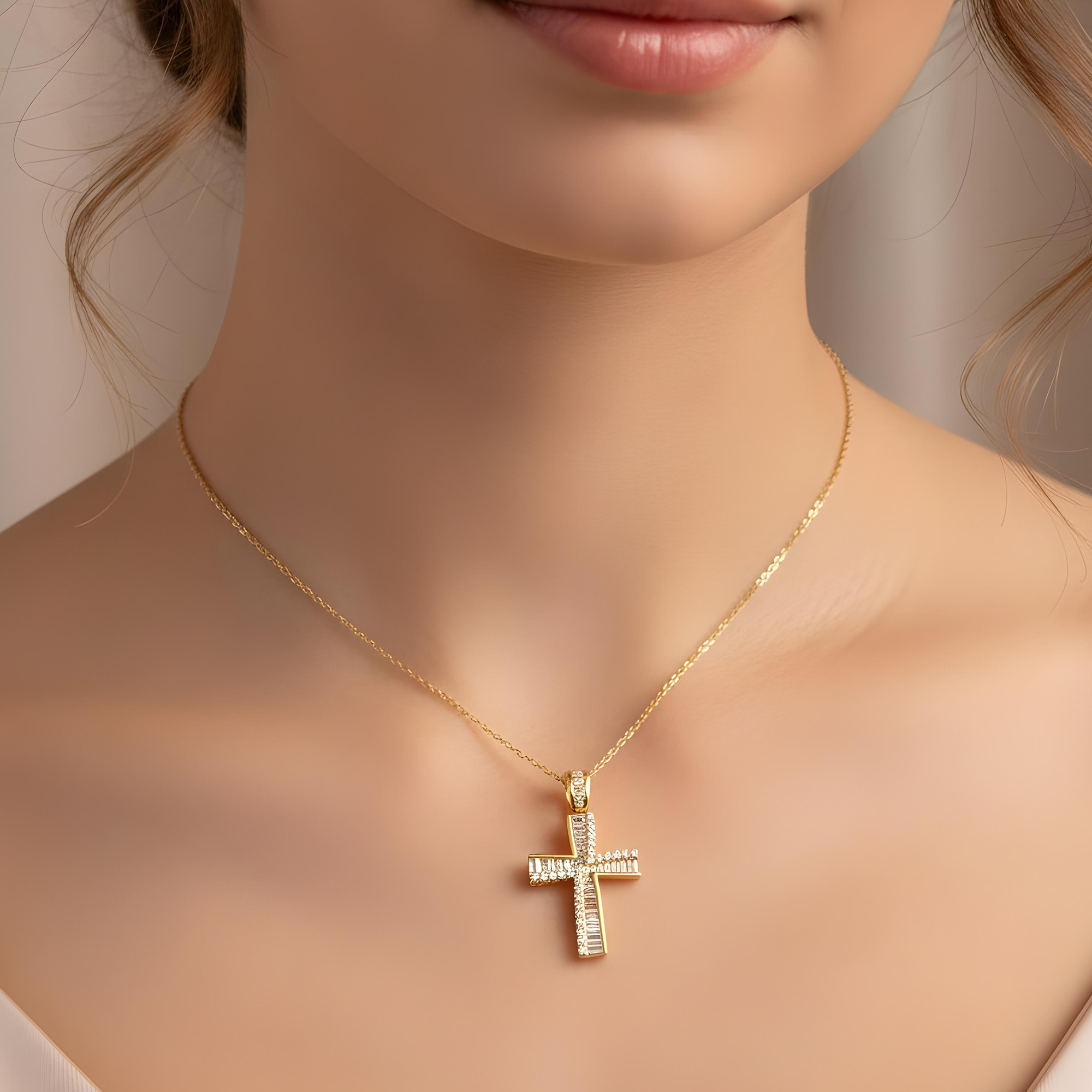 14K Rose Gold Baguette & Round Diamond Cross Pendant 1.14ct