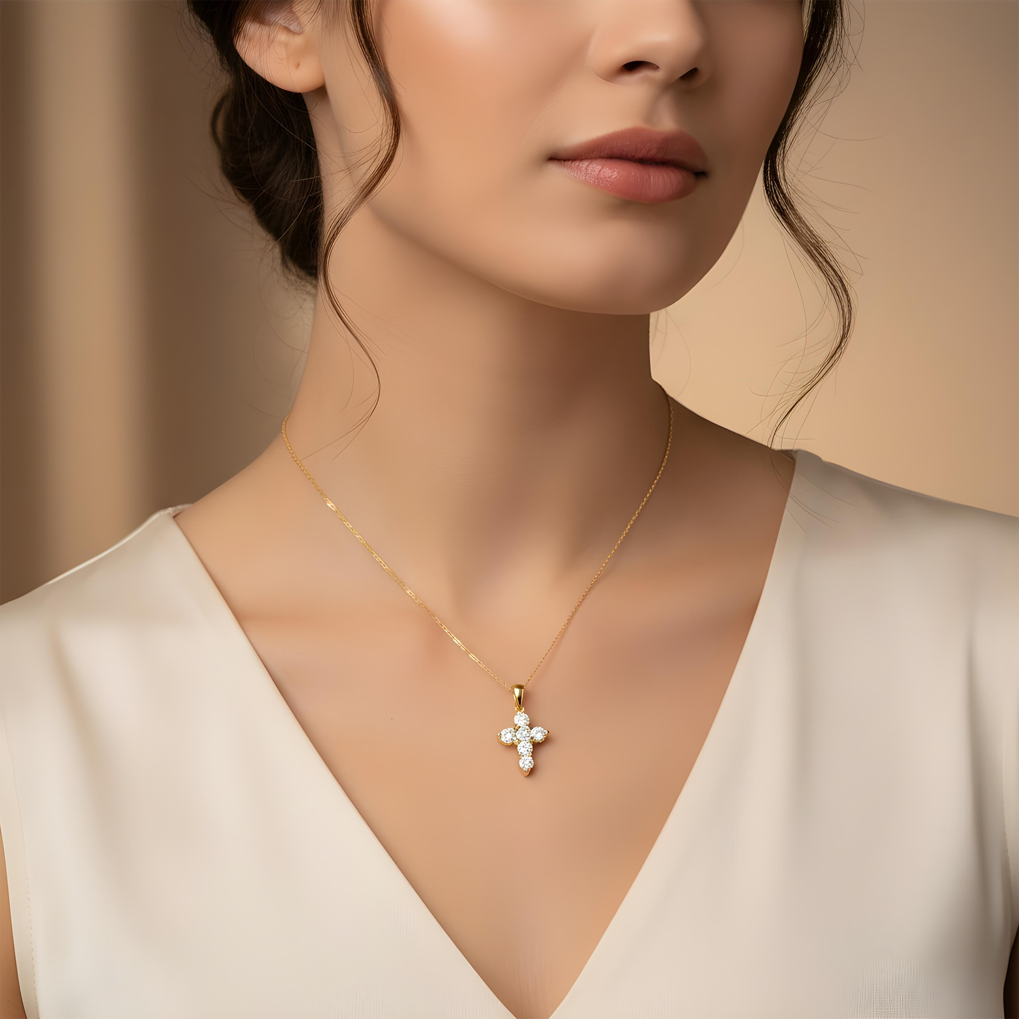 14K White Gold Round Diamond Cross Pendant & Chain Necklace