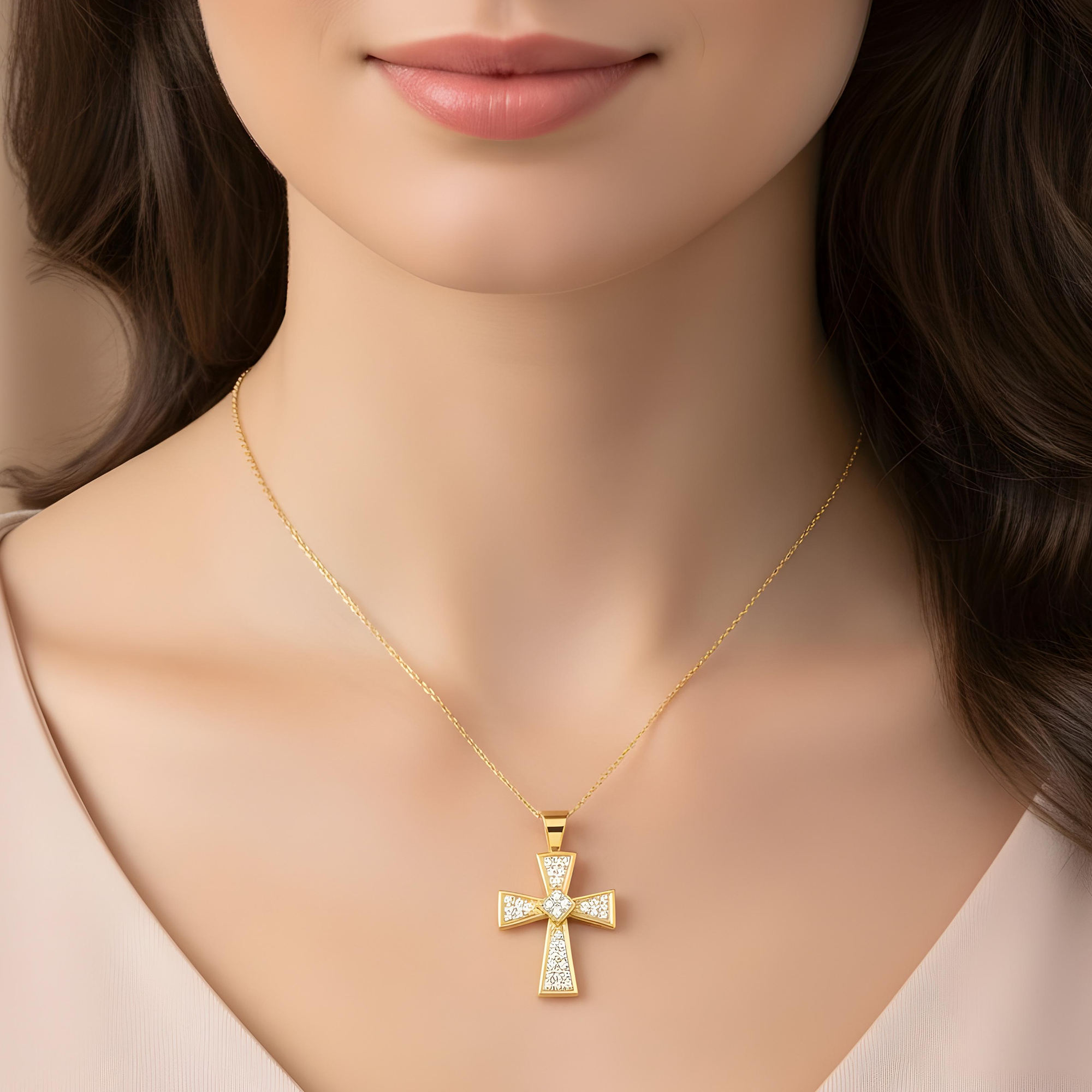 14K White Gold Round Diamond Cross Pendant & Chain Necklace 0.46ct