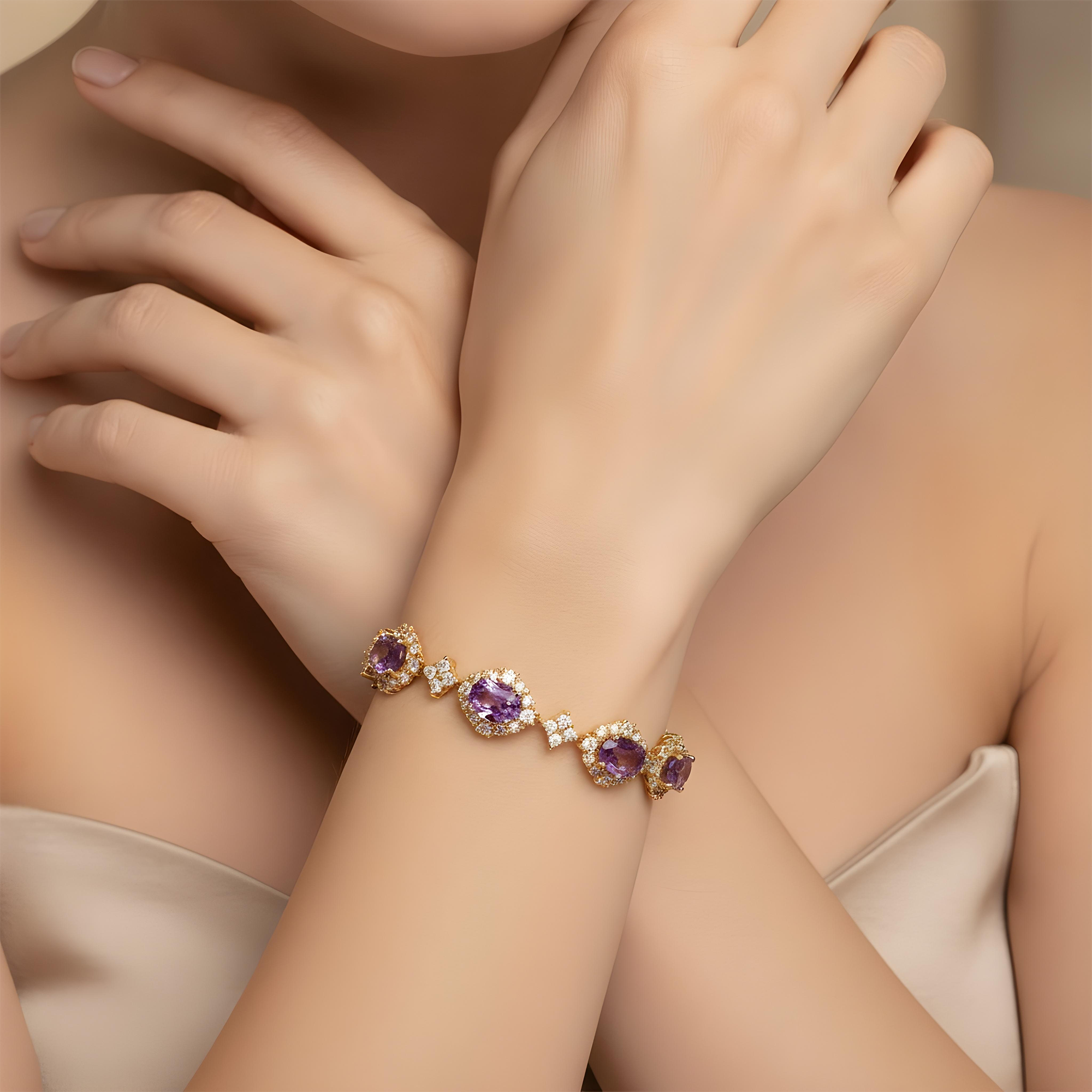White Gold Oval Cut Amethyst & Round Diamond Bracelet 14.61ct