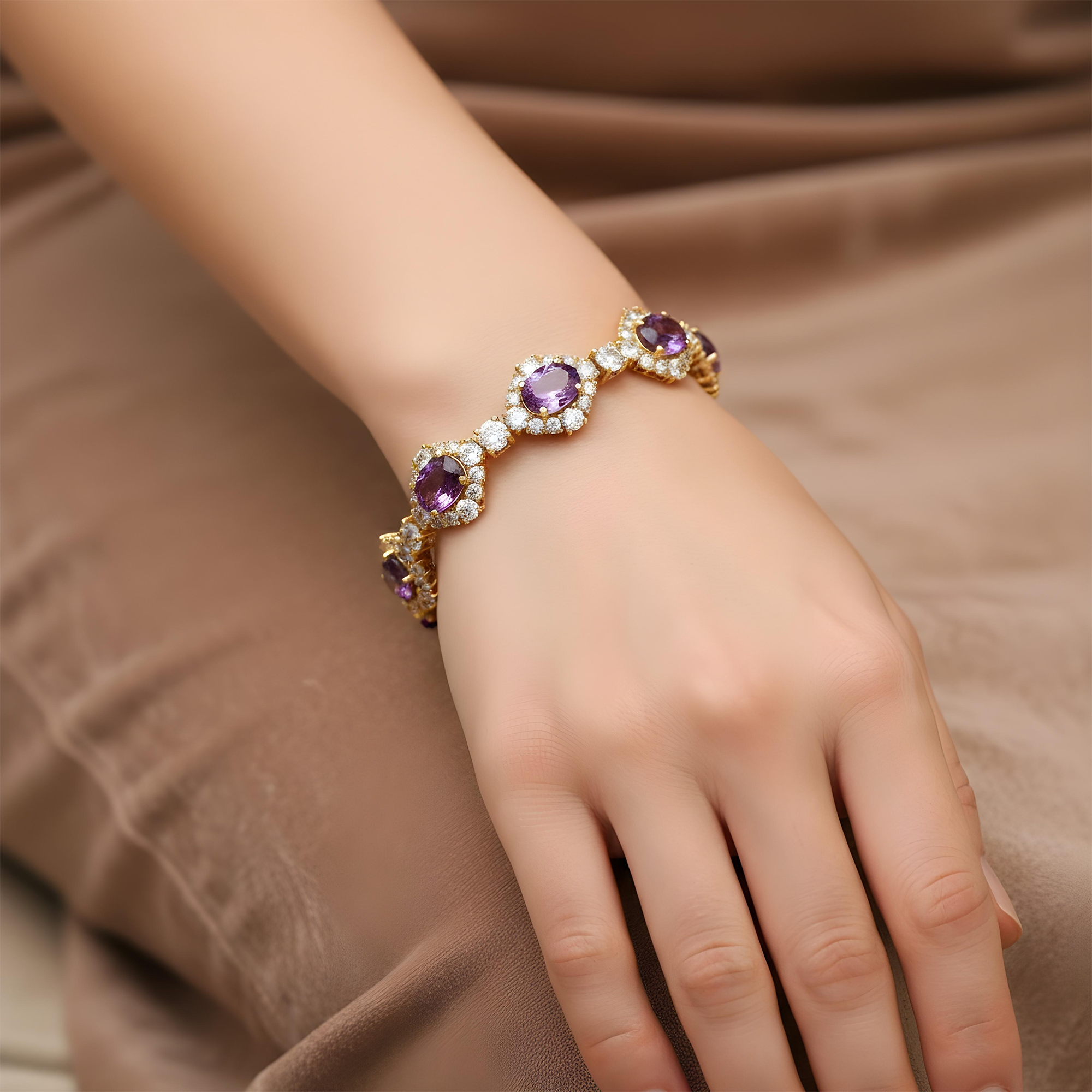 White Gold Oval Cut Amethyst & Round Diamond Bracelet 27.42ct