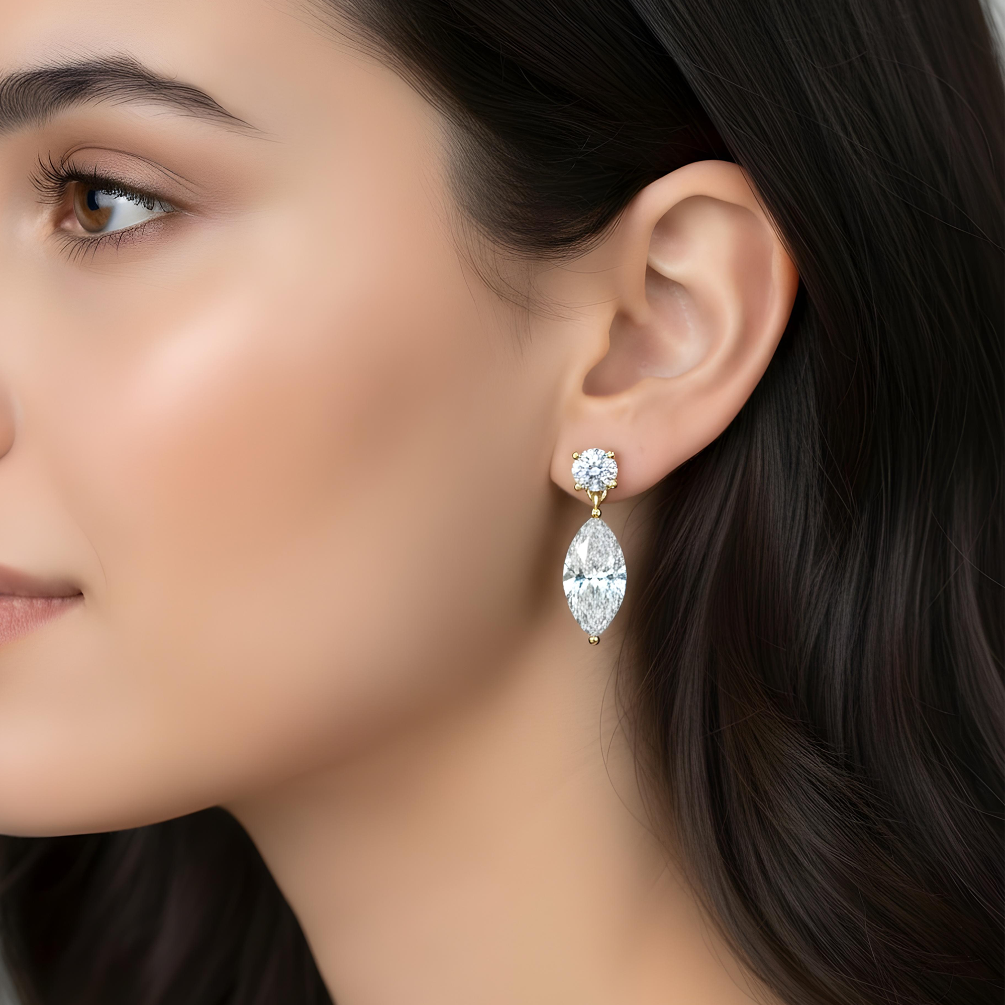 White Gold Round & Marquise Diamond Short Drop Earrings 2.07ctw