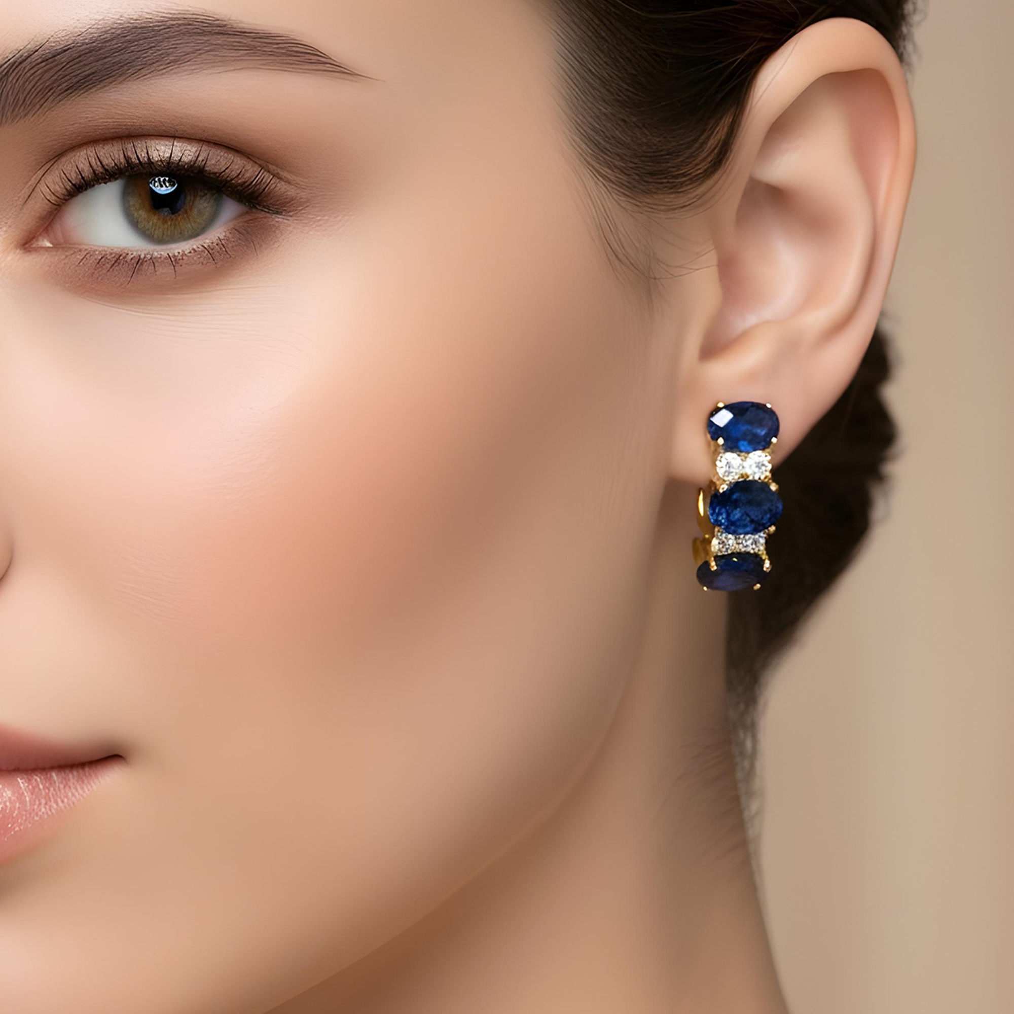 White Gold Oval Sapphire & Round Diamond Half Hoop Earrings