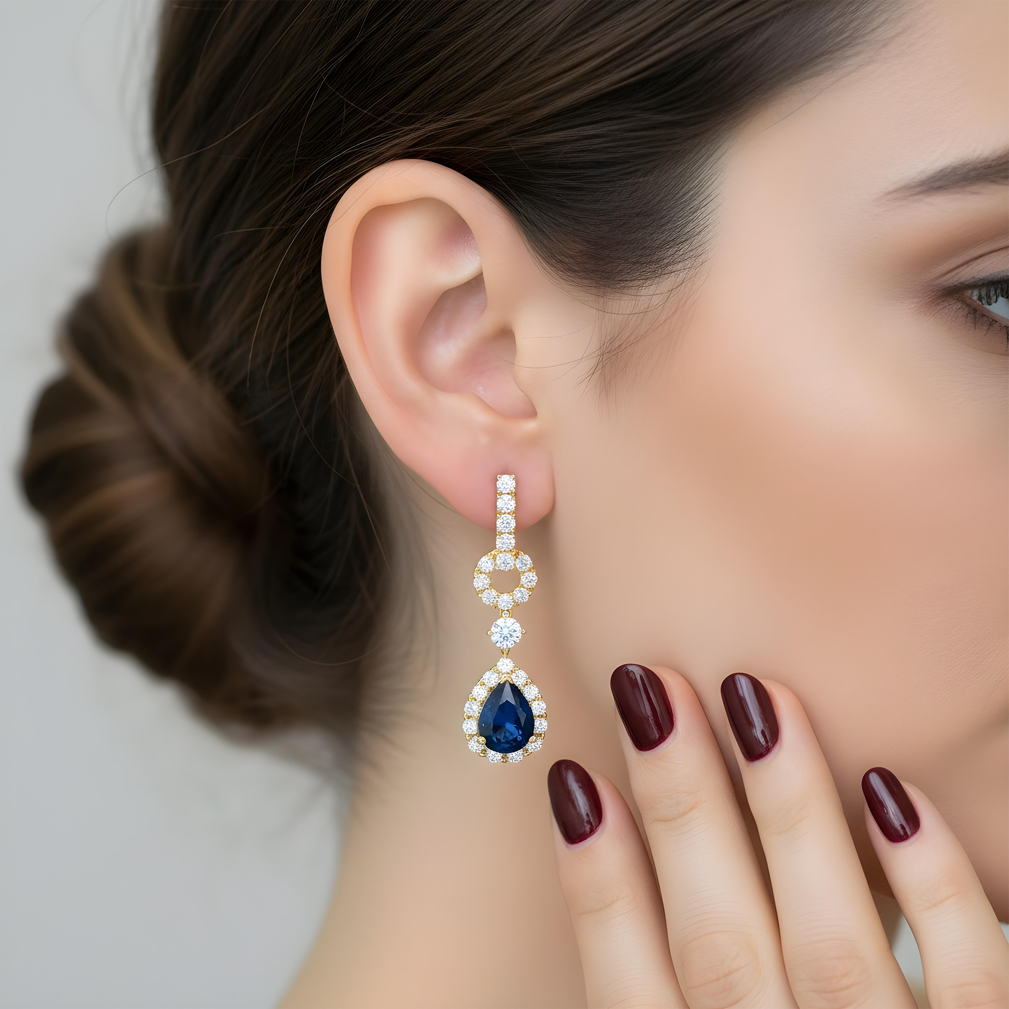 White Gold Pear Cut Sapphire & Round Diamond Drop Earrings 6.50ctw