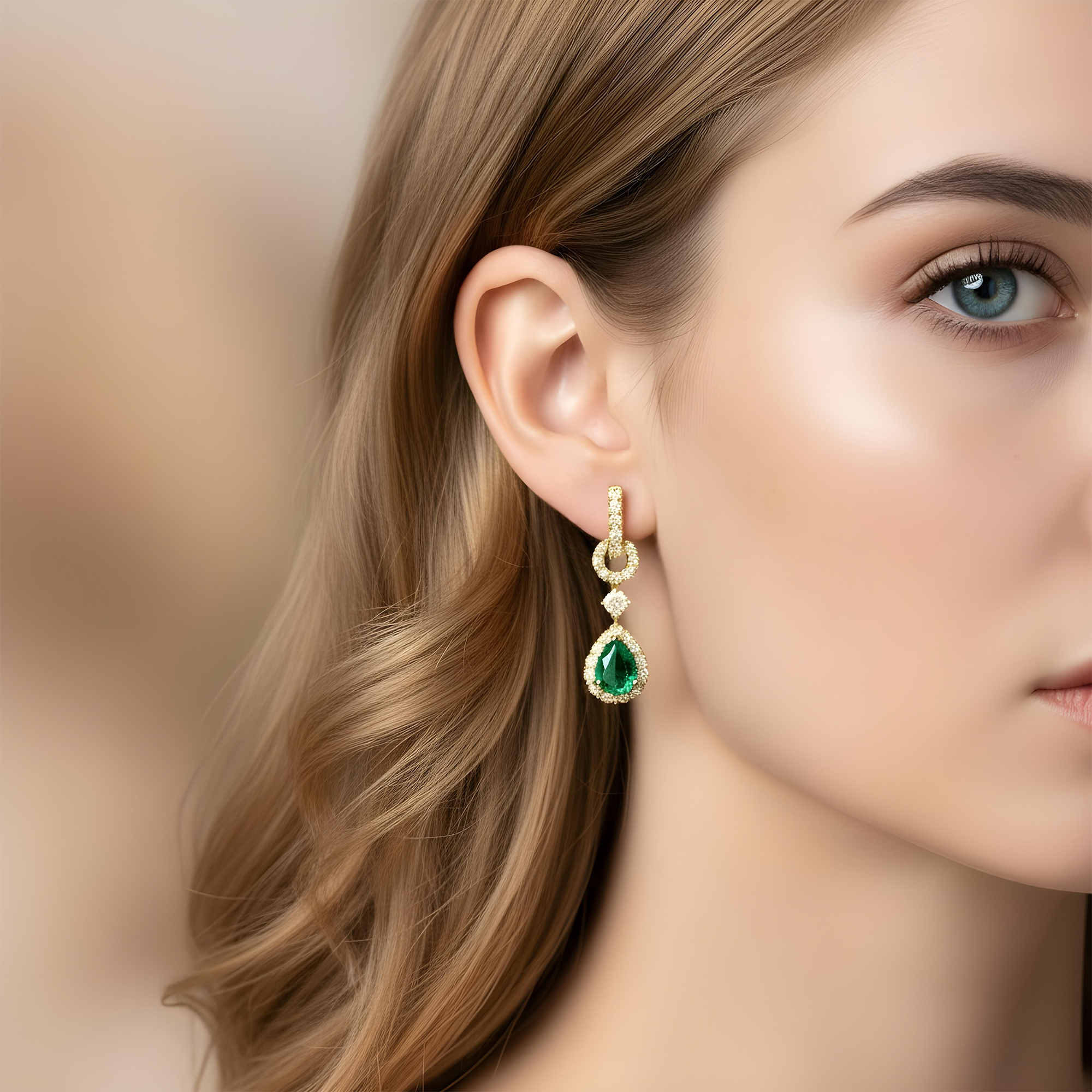 White Gold Pear Cut Emerald & Round Diamond Drop Earrings 5.63ctw