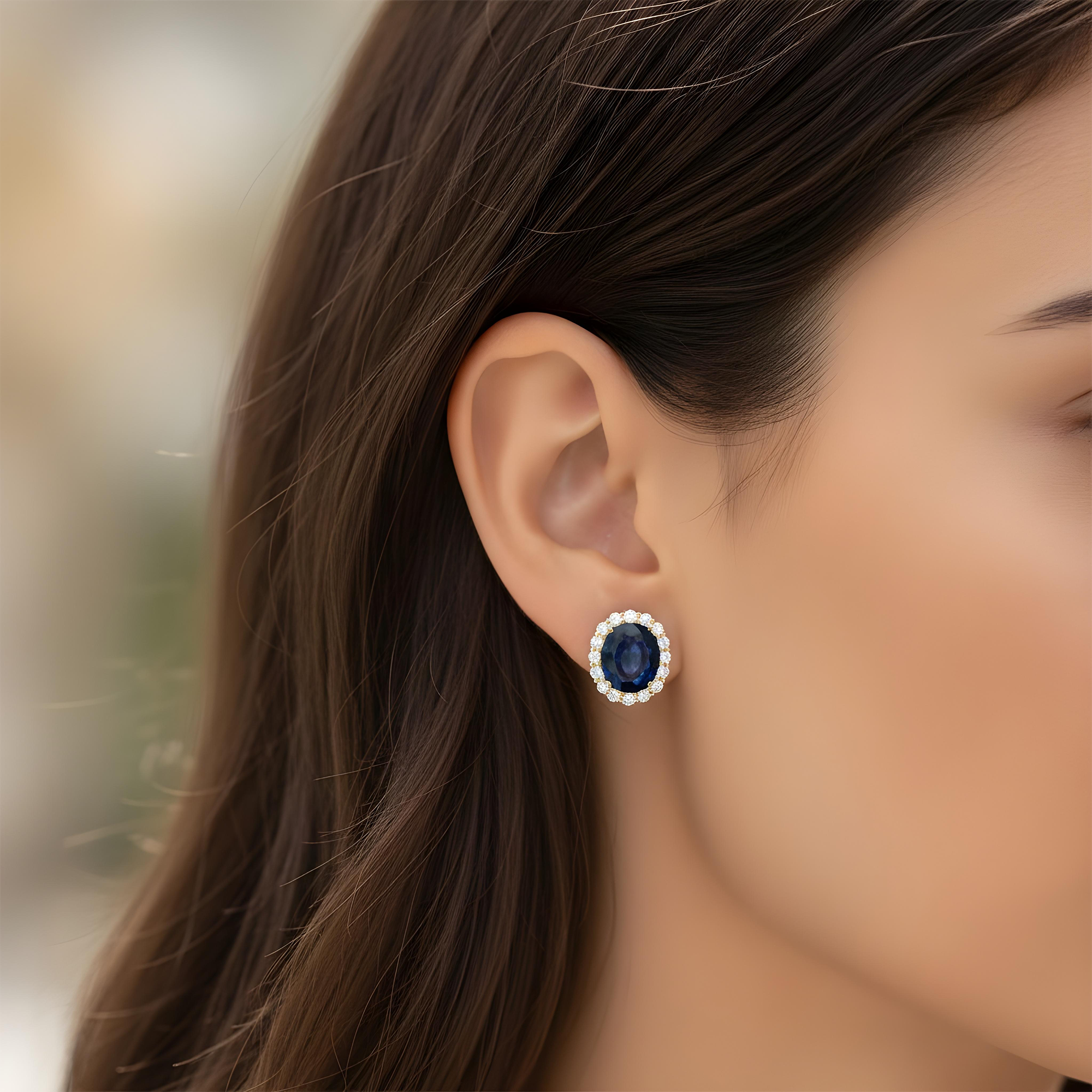 White Gold Oval Cut Sapphire & Round Diamond Stud Earrings 14.59ctw