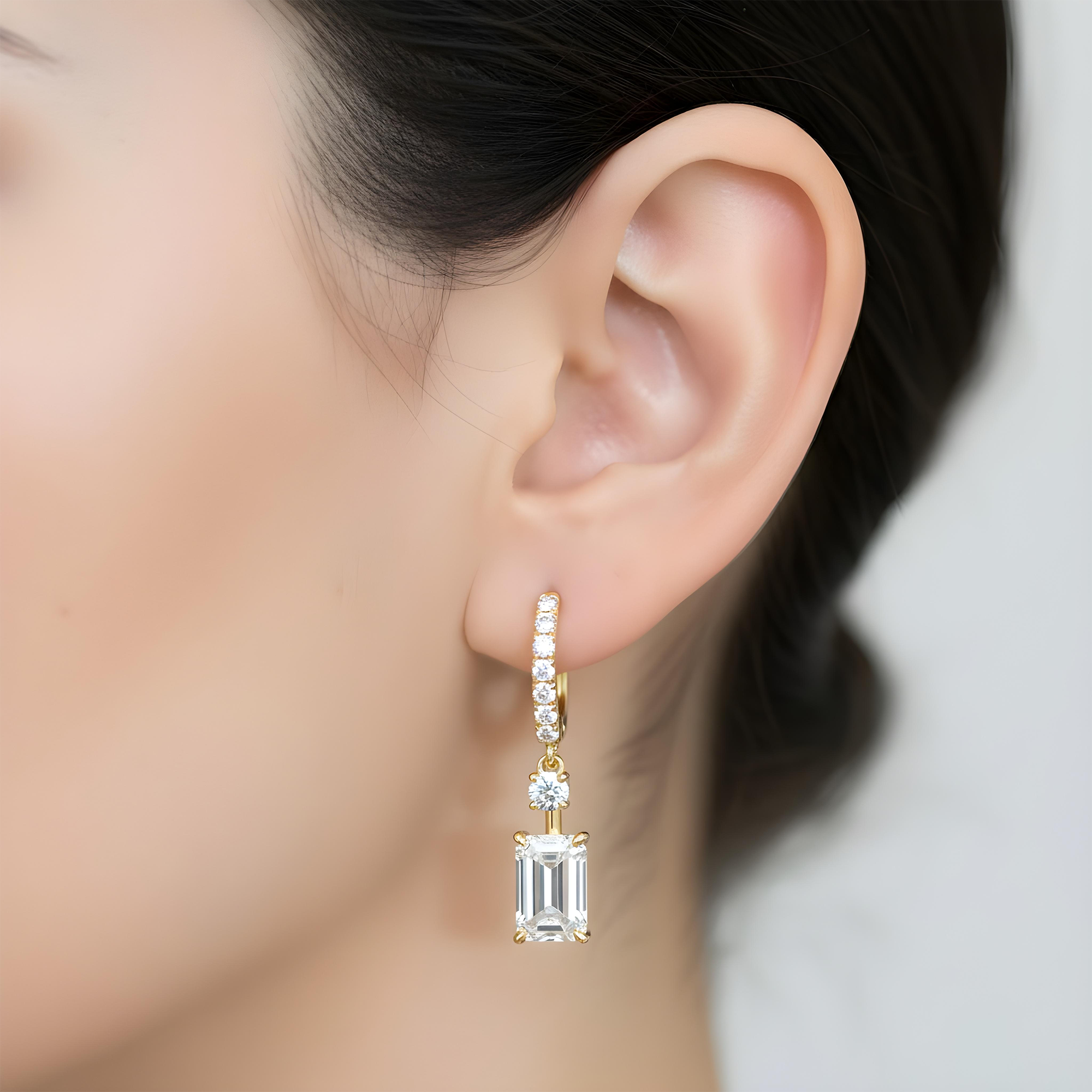 White Gold Round & Emerald Cut Diamond Drop Earrings 2.11ctw